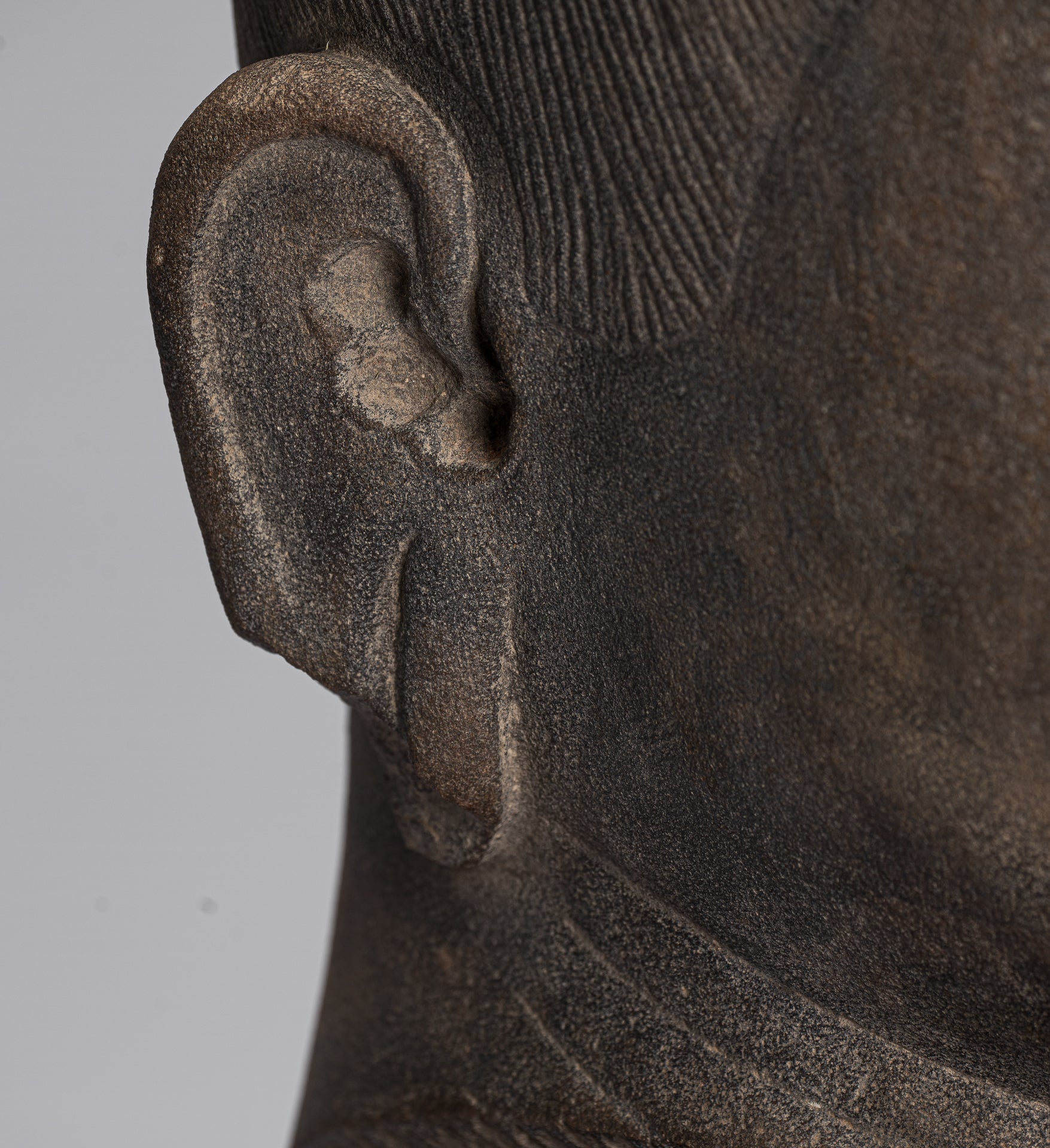 Jayavarman Statue - Antique Khmer Style Mounted Stone Jayavarman VII Head Statue - 38cm/15"