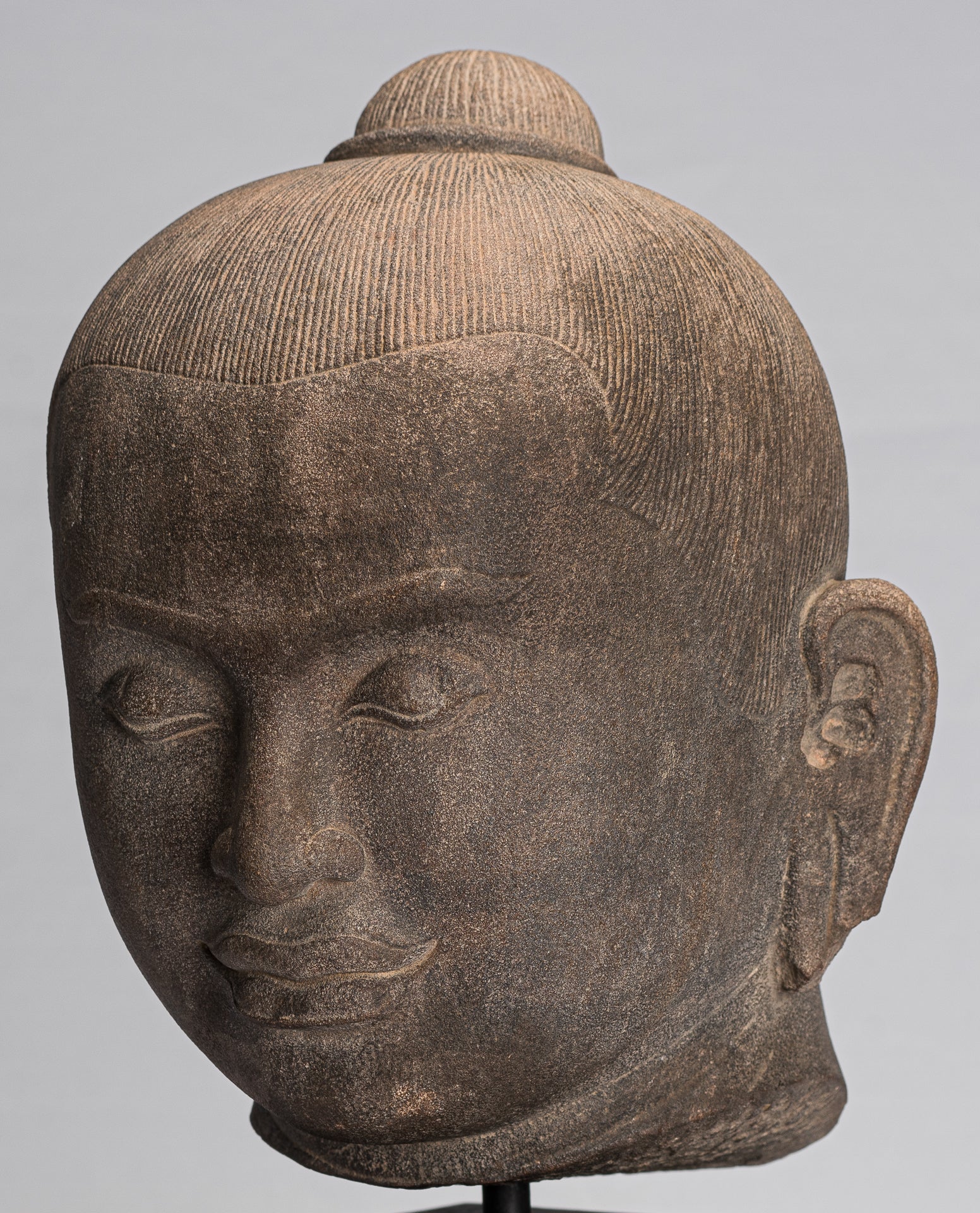 Jayavarman Statue - Antique Khmer Style Mounted Stone Jayavarman VII Head Statue - 38cm/15"