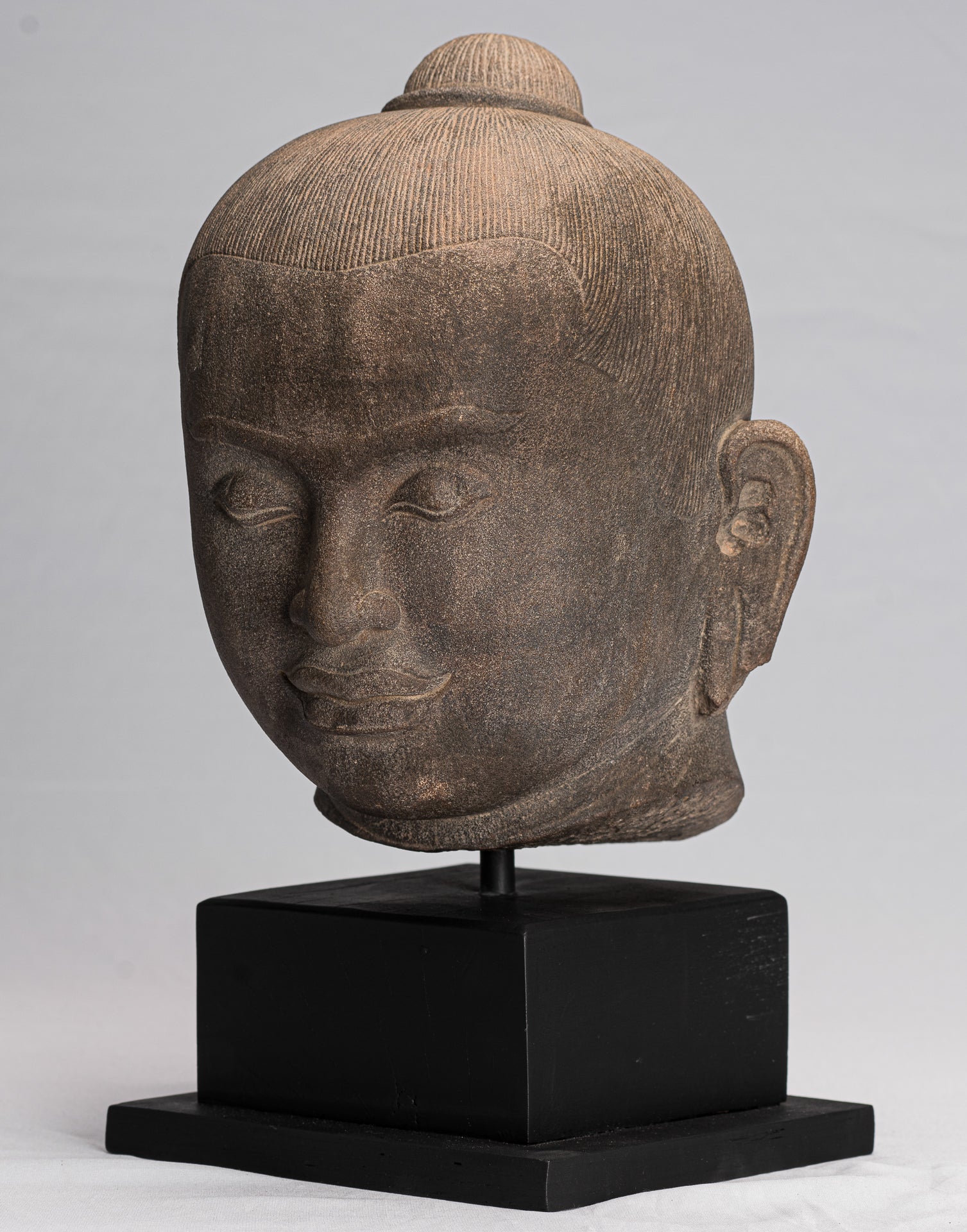 Jayavarman Statue - Antique Khmer Style Mounted Stone Jayavarman VII Head Statue - 38cm/15"