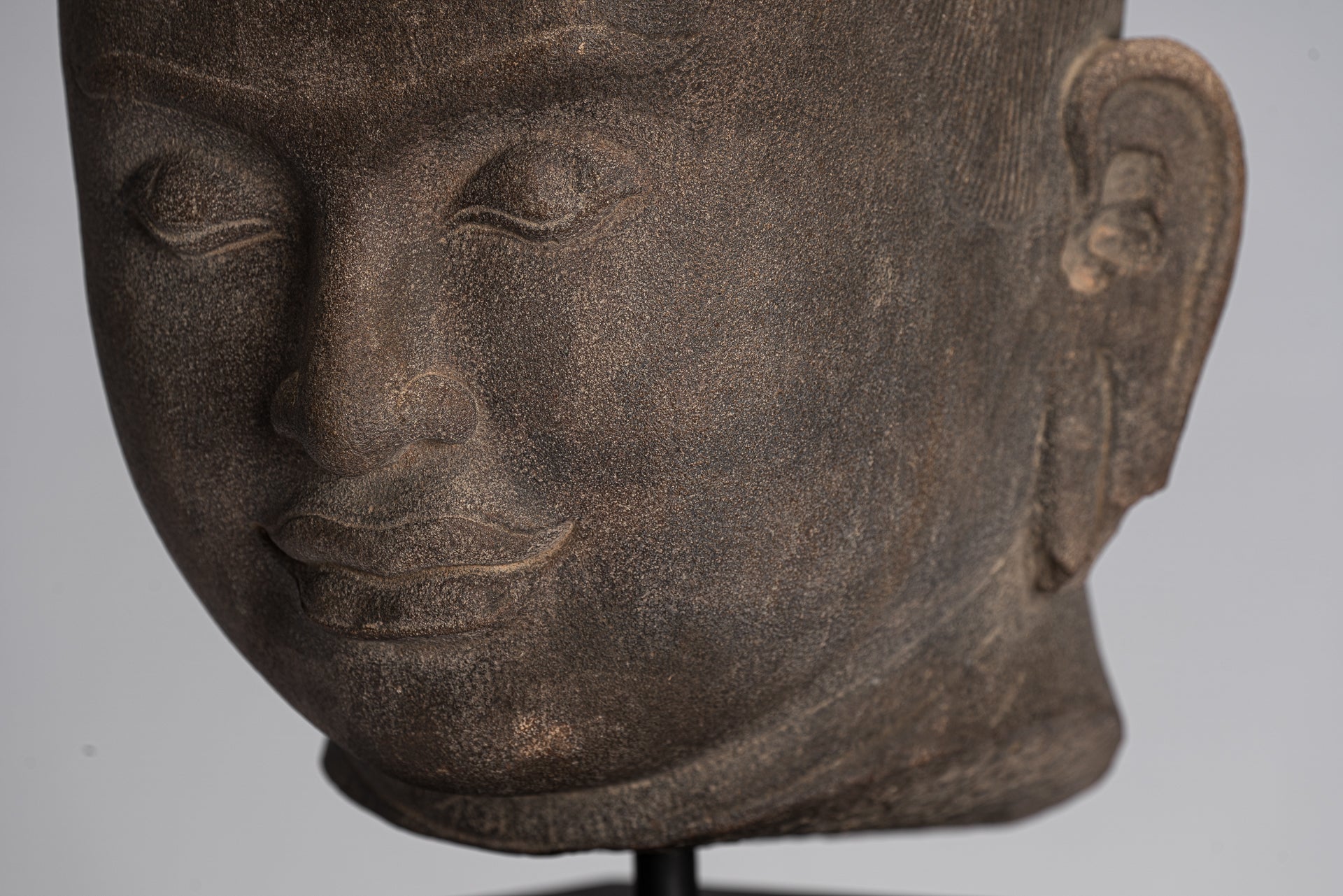 Jayavarman Statue - Antique Khmer Style Mounted Stone Jayavarman VII Head Statue - 38cm/15"