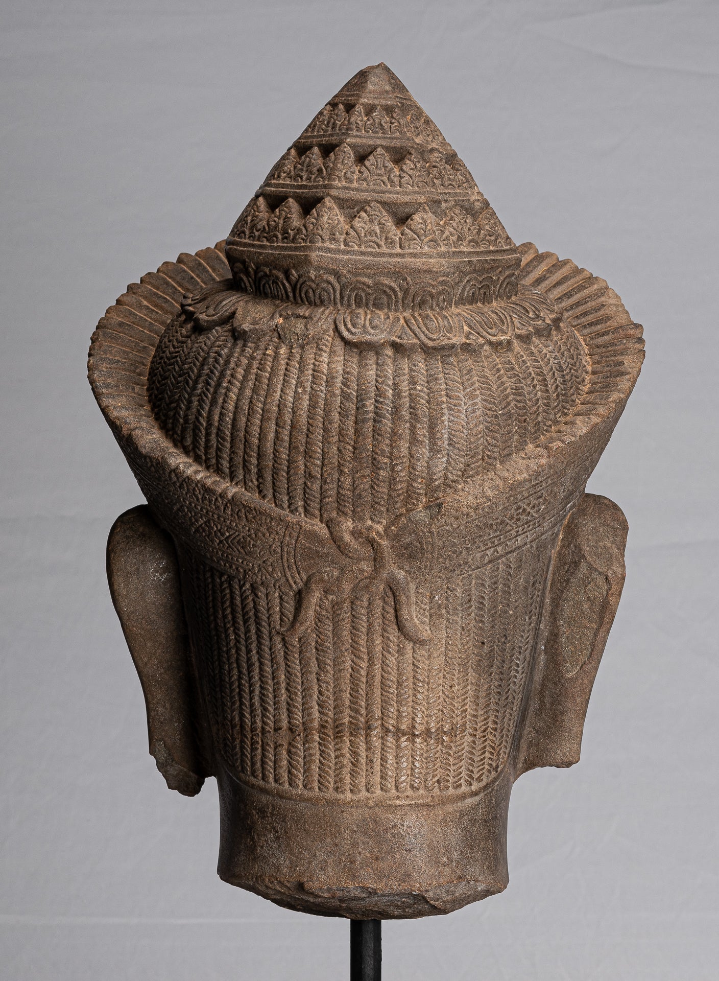 Vishnu Statue-Antique Banteay Srei Style Stone Mounted Khmer Vishnu Head-57cm/23 "