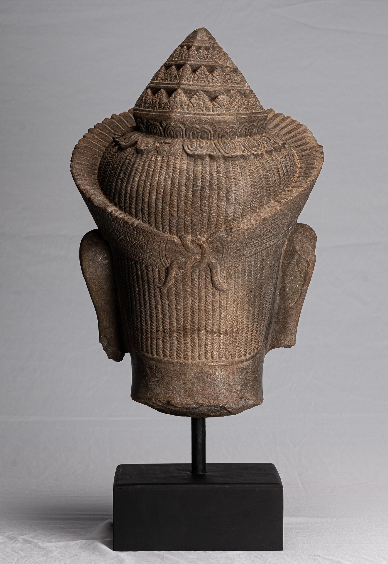 Vishnu Statue-Antique Banteay Srei Style Stone Mounted Khmer Vishnu Head-57cm/23 "