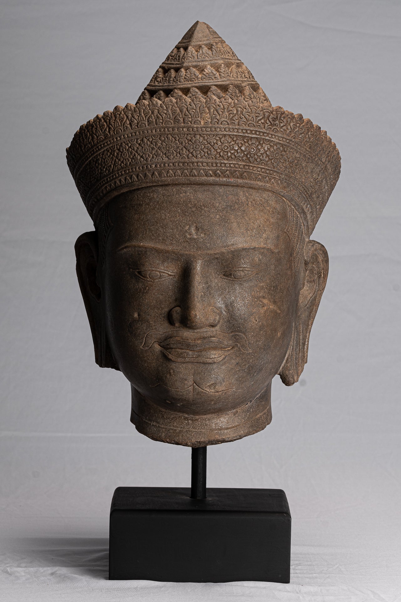 Vishnu Statue-Antique Banteay Srei Style Stone Mounted Khmer Vishnu Head-57cm/23 "