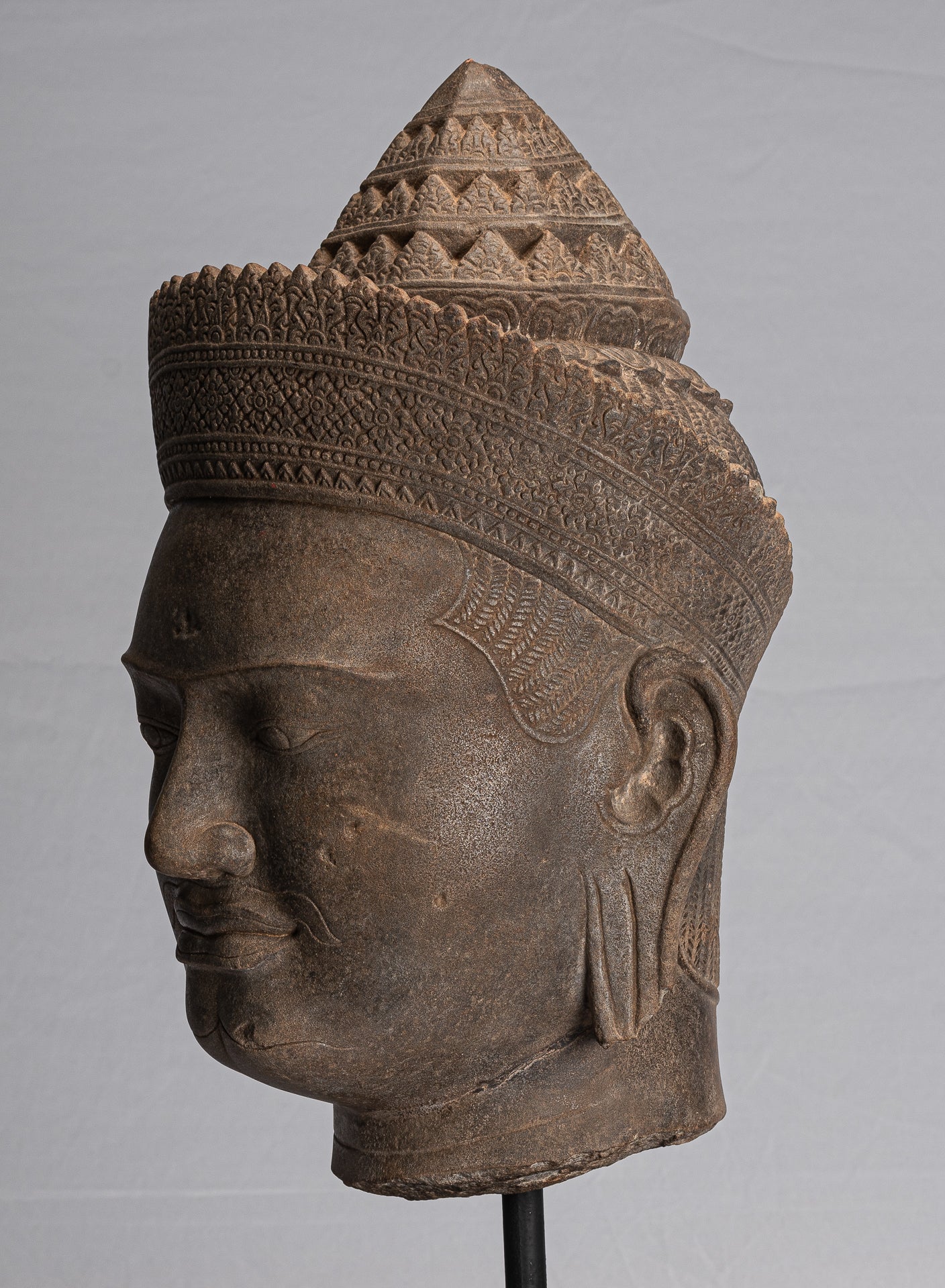 Vishnu Statue-Antique Banteay Srei Style Stone Mounted Khmer Vishnu Head-57cm/23 "