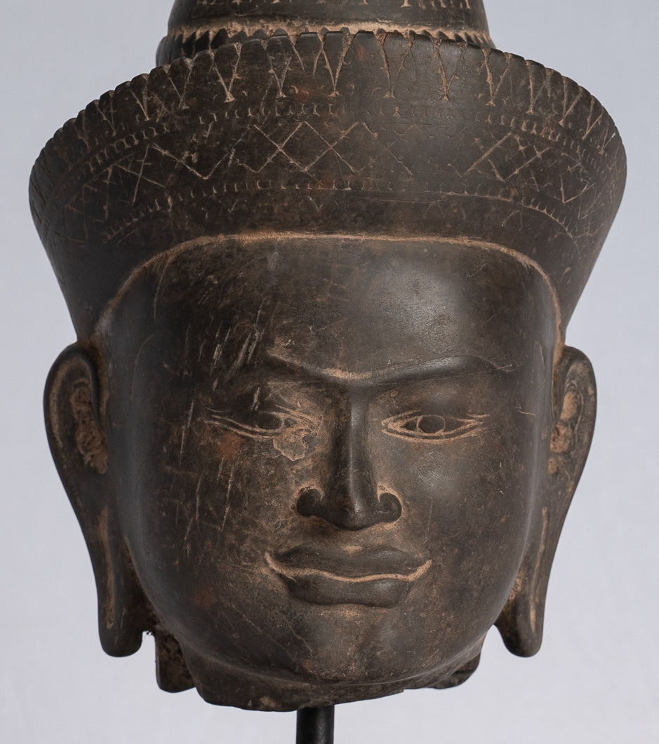 Statue Buddha - Antique Banteay Srei Stone Stone Monted Khmer Buddha Head - 24 cm / 10 "