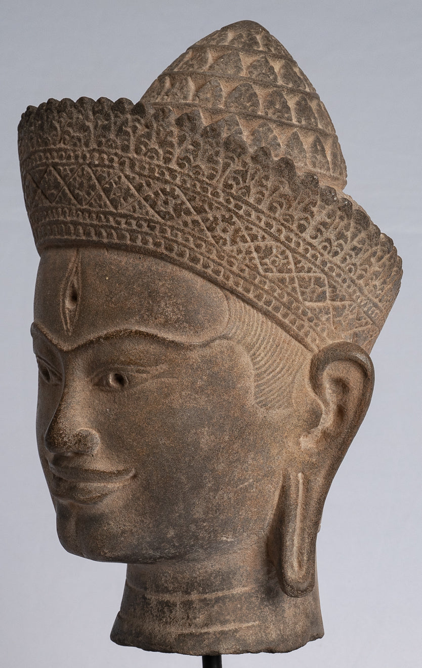 Buddha Statue-Antike Angkor Wat Style Stone Mounted Khmer Buddha Kopf-39cm/16 "