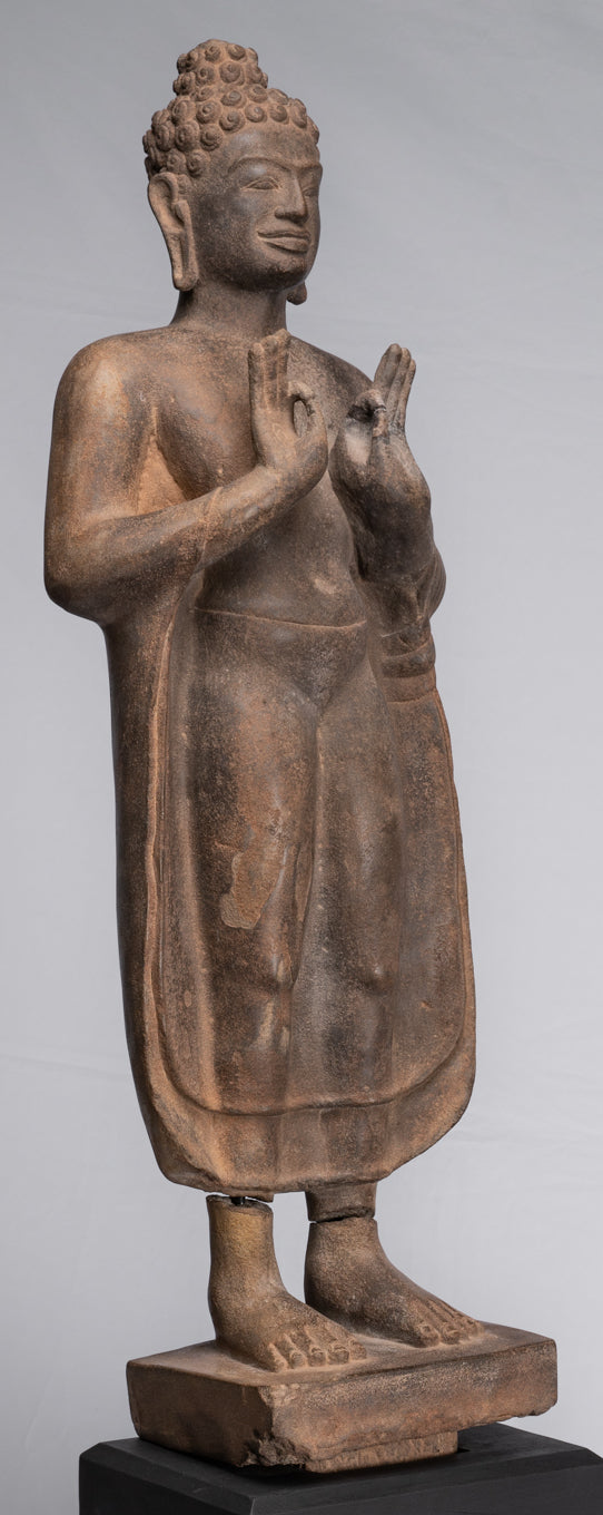 Buddha Statue - Antique Thai Style Standing Stone Dvaravati Buddha Statue - 102cm/41" Tall