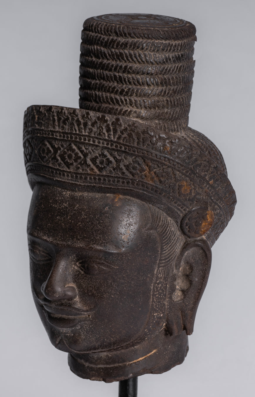 Statue Vishnu - Antique Koh Ker Style Stone Monted Khmer Vishnu Head - 31cm / 12 "