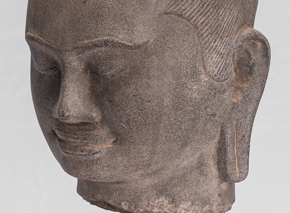 Jayavarman Statue-Antique Khmer Style Mounted Stone Jayavarman VII Head Statue-40cm/16 "