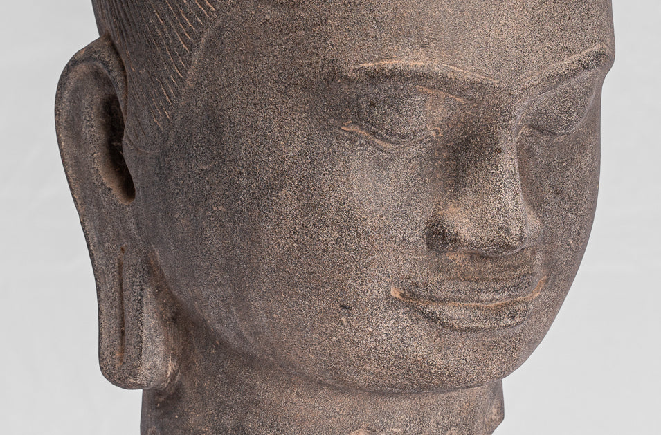 Jayavarman Statue-Antique Khmer Style Mounted Stone Jayavarman VII Head Statue-40cm/16 "