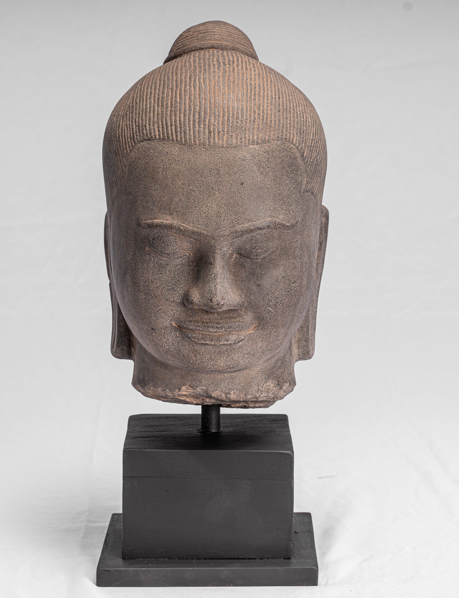 Jayavarman Statue-Antique Khmer Style Mounted Stone Jayavarman VII Head Statue-40cm/16 "