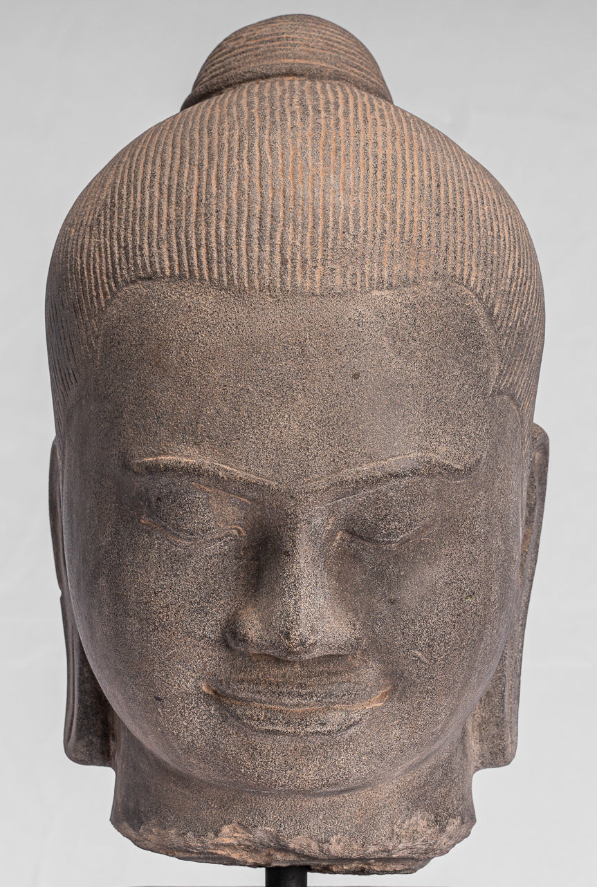 Jayavarman Statue-Antique Khmer Style Mounted Stone Jayavarman VII Head Statue-40cm/16 "