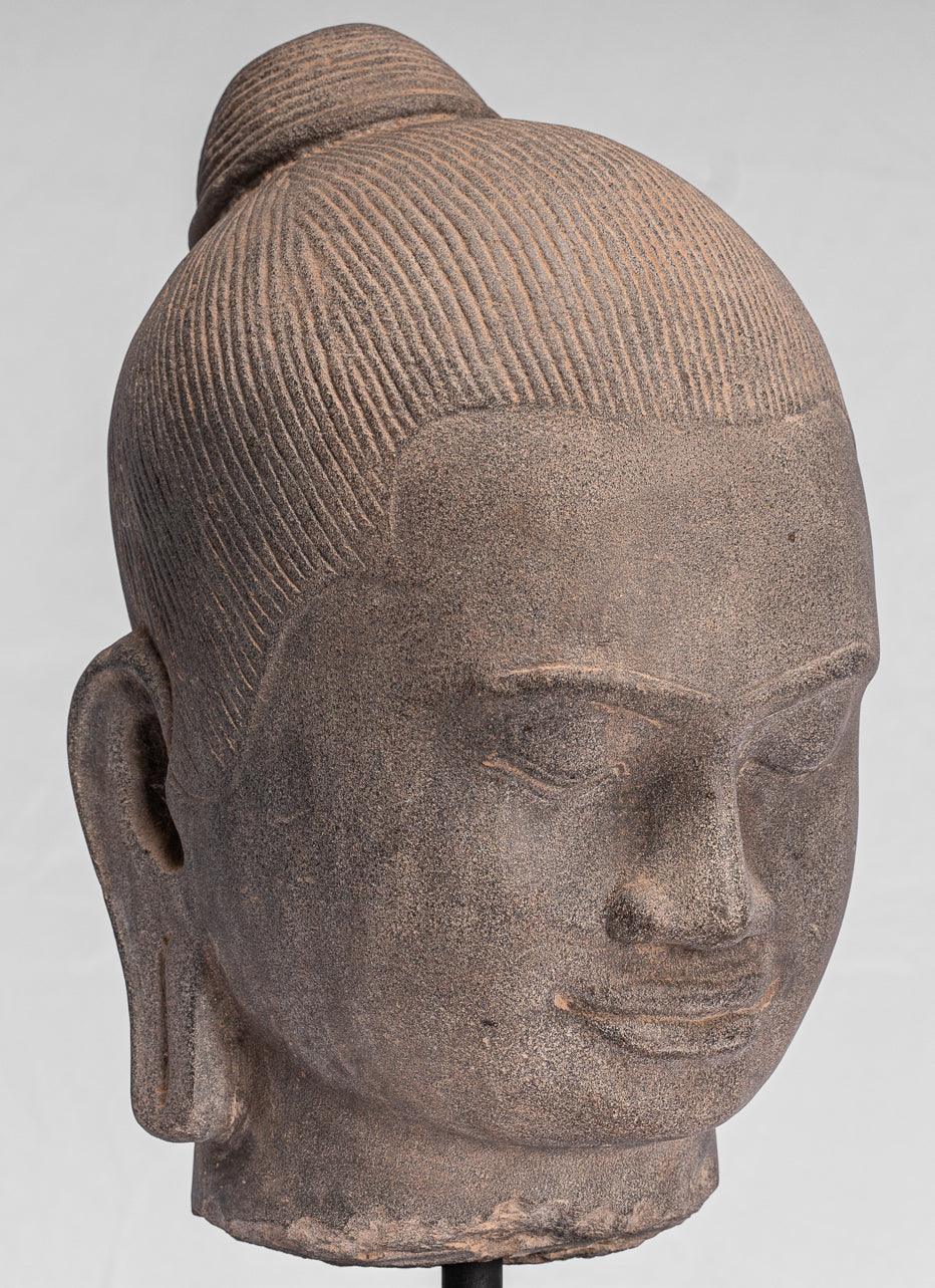 Jayavarman Statue-Antique Khmer Style Mounted Stone Jayavarman VII Head Statue-40cm/16 "