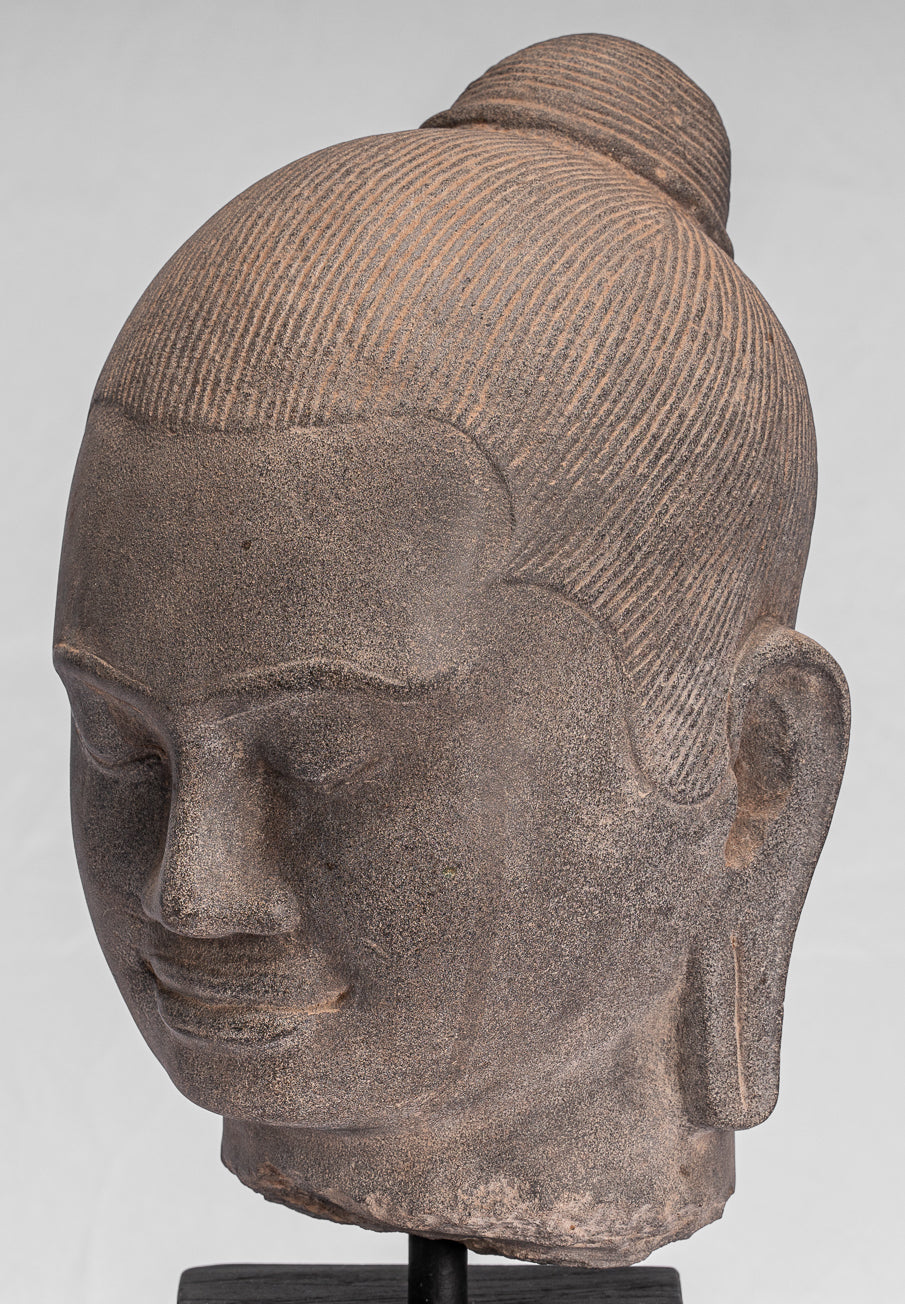 Jayavarman Statue-Antique Khmer Style Mounted Stone Jayavarman VII Head Statue-40cm/16 "