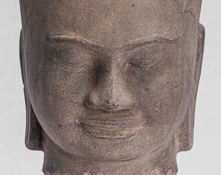 Jayavarman Statue-Antique Khmer Style Mounted Stone Jayavarman VII Head Statue-40cm/16 "