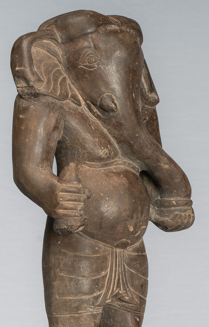 Ganesha Statue - Antique Vietnamese Style Stone Cham Mounted Ganesha Torso Statue - 64cm/26"