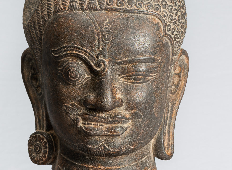 Shiva Statue-Antique Khmer Style Black Stone Yaksha & Yakshaswaroop Shiva Head-47cm/19 "