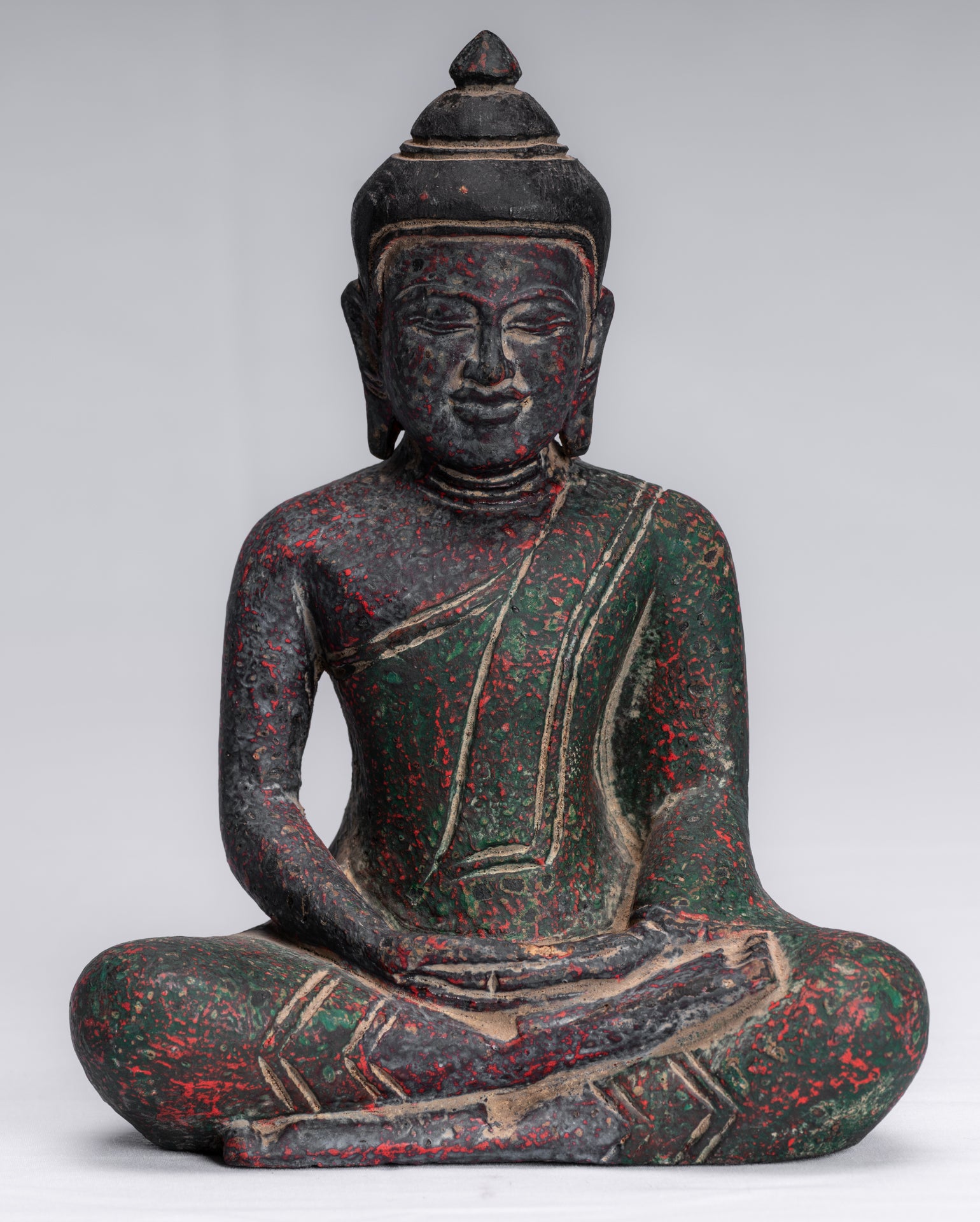 Buddha Sculpture - Antique Khmer in stile Khmer Legno Buddha Statua Dhyana Meditazione Mudra - 20 cm/8 "