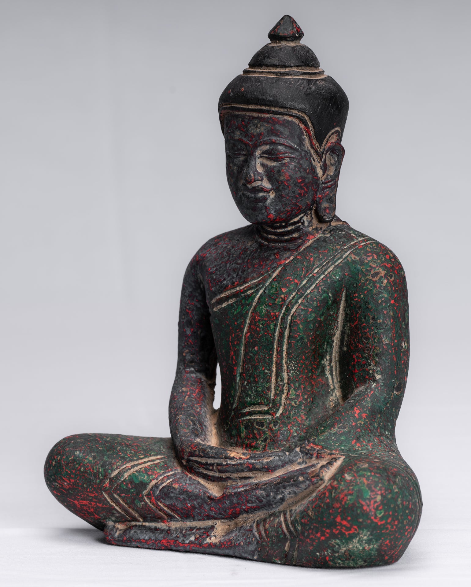 Buddha Sculpture - Antique Khmer in stile Khmer Legno Buddha Statua Dhyana Meditazione Mudra - 20 cm/8 "