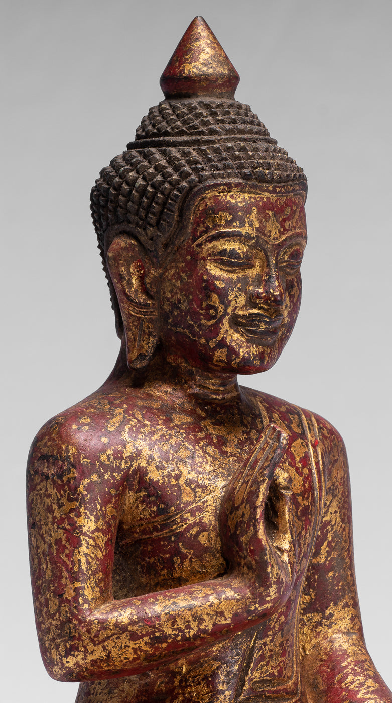 Escultura de Buda - Buda - Estatua de buda de madera de estilo jemer antiguo de estilo jemer enseñando mudra - 26 cm/10 "