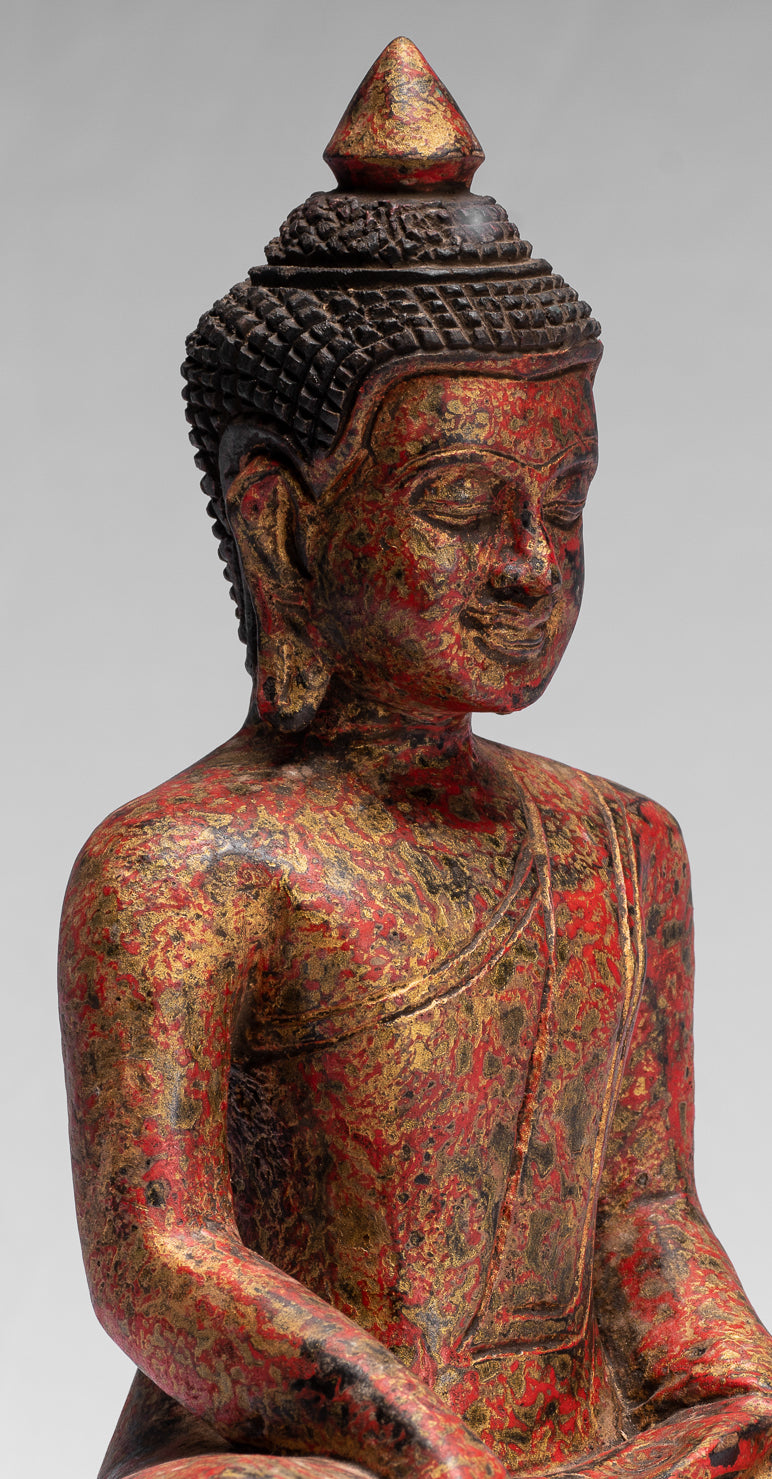 Statue de Bouddha – Antique style khmer Asie du Sud-Est assis en bois Statue de Bouddha des Lumières – 25 cm/25,4 cm