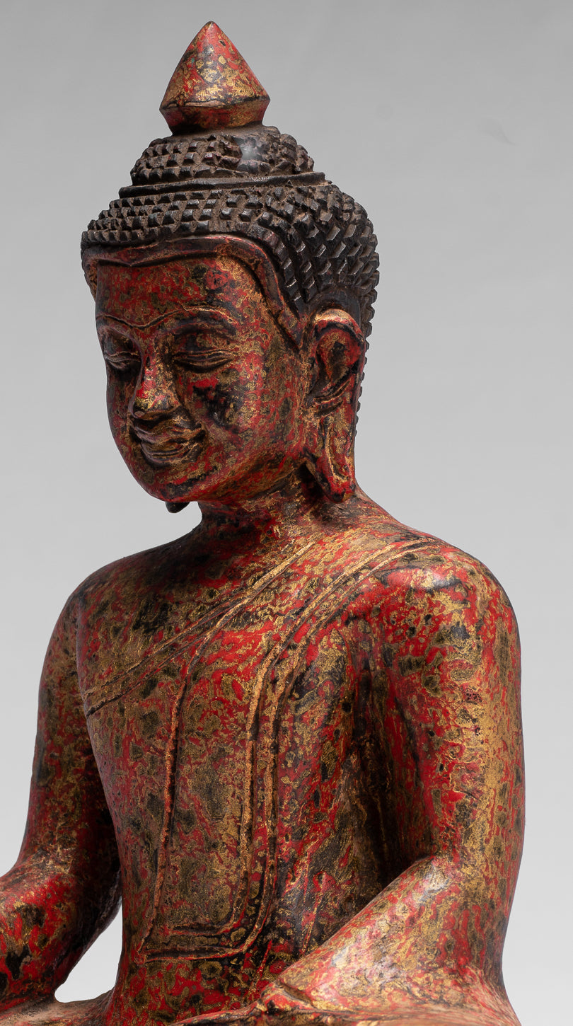 Statue de Bouddha – Antique style khmer Asie du Sud-Est assis en bois Statue de Bouddha des Lumières – 25 cm/25,4 cm