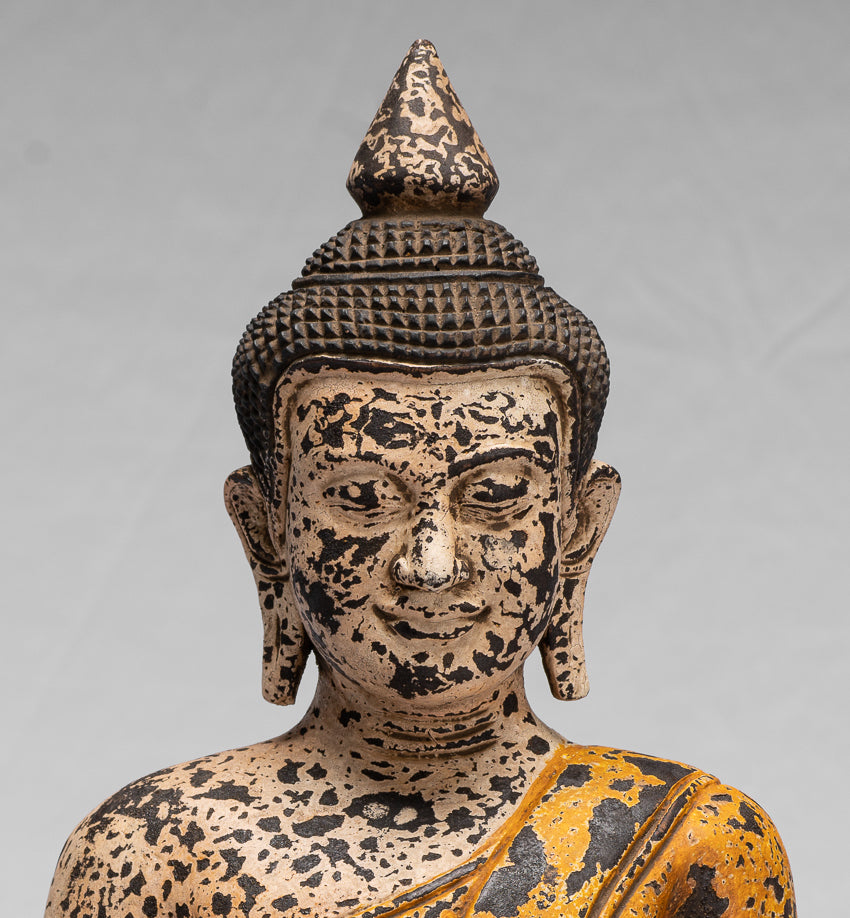 Sculpture de Bouddha – Statue de Bouddha assis en bois de style khmer antique Dhyana Méditation Mudra – 40 cm