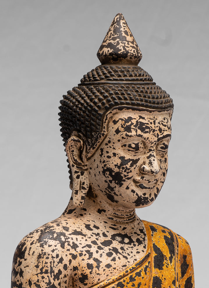 Sculpture de Bouddha – Statue de Bouddha assis en bois de style khmer antique Dhyana Méditation Mudra – 40 cm