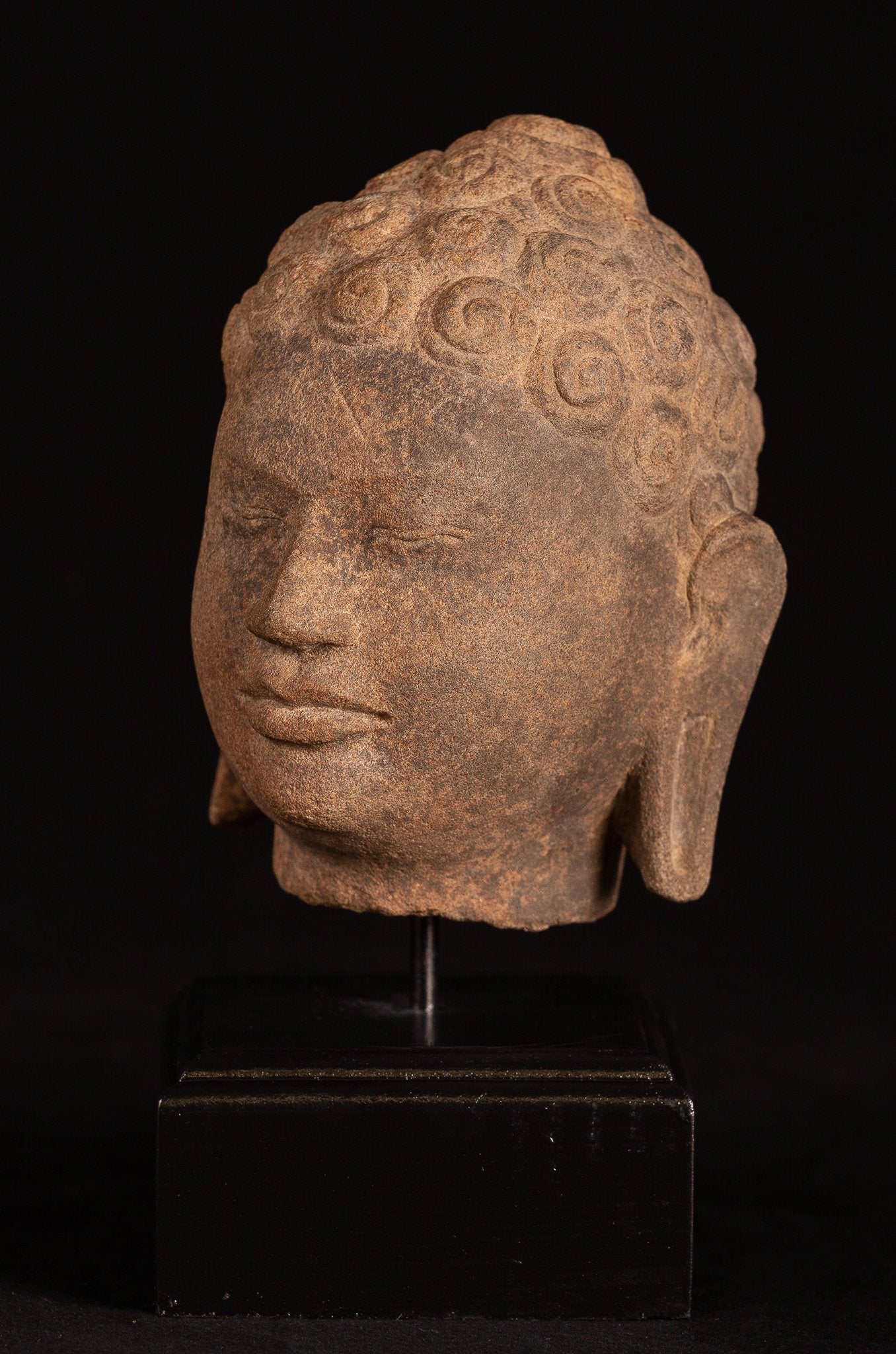 Statue de Bouddha antique – Statue de tête de Bouddha en pierre Dvaravati thaïlandaise du 18ème siècle – 23 cm/9"