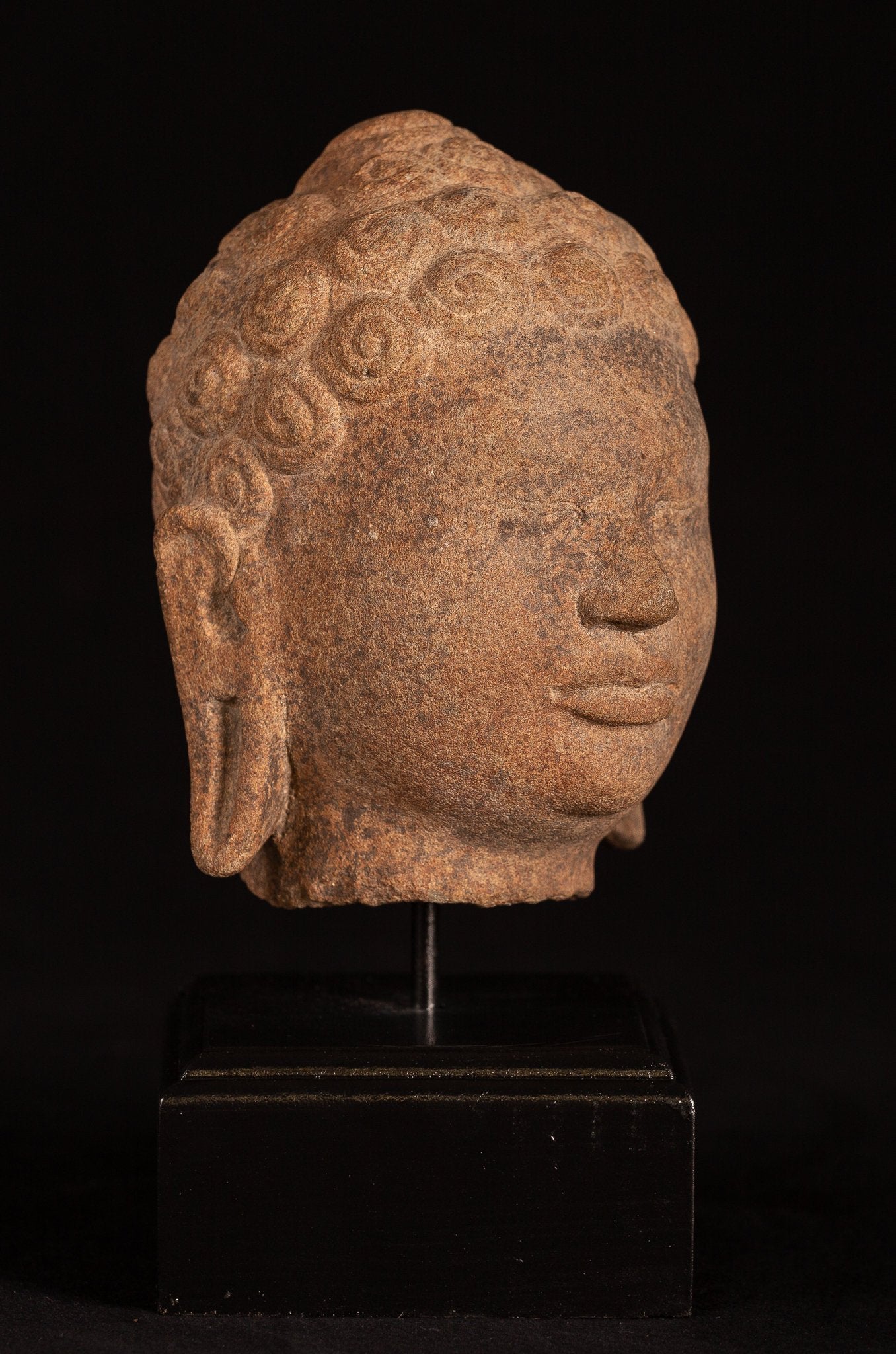 Statue de Bouddha antique – Statue de tête de Bouddha en pierre Dvaravati thaïlandaise du 18ème siècle – 23 cm/9"