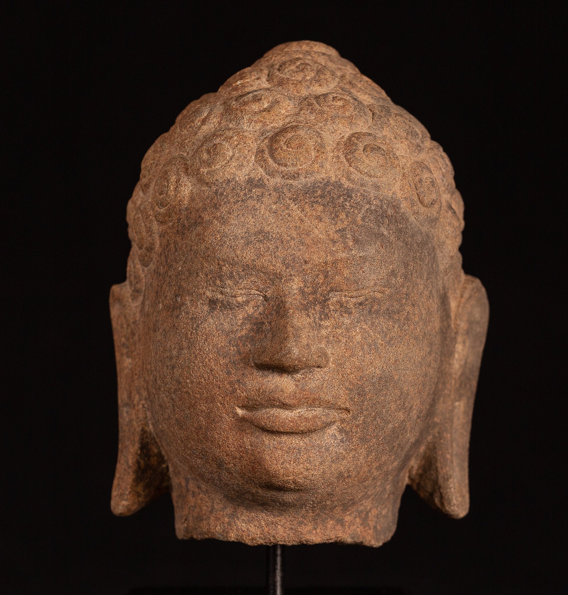 Statue de Bouddha antique – Statue de tête de Bouddha en pierre Dvaravati thaïlandaise du 18ème siècle – 23 cm/9"