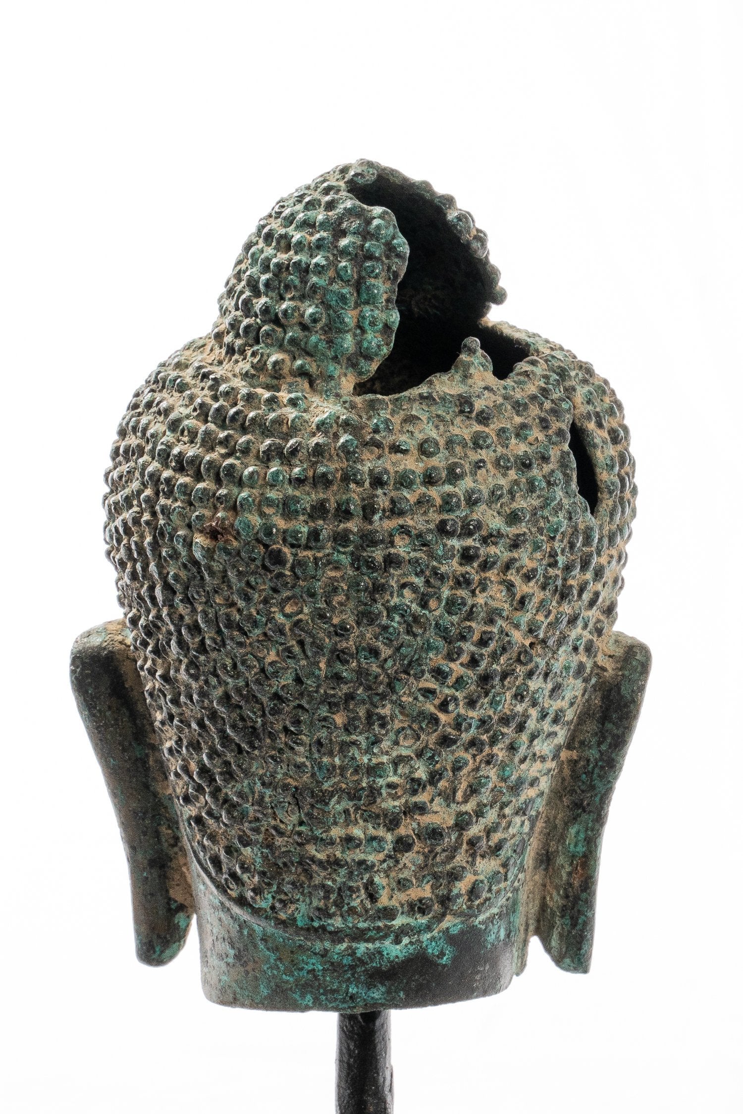 Buddha-Statue – Antik-Thai-Stil montierte Dvaravati-Bronze-Buddha-Kopf-Statue – 19 cm/20,3 cm