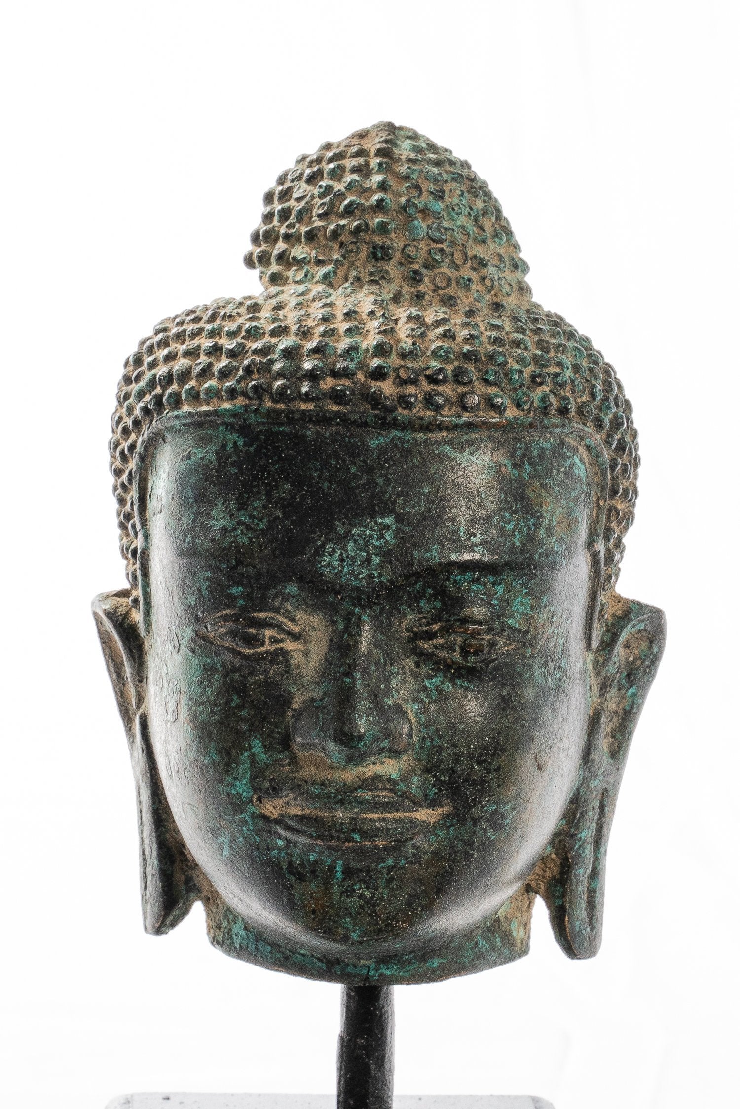Buddha-Statue – Antik-Thai-Stil montierte Dvaravati-Bronze-Buddha-Kopf-Statue – 19 cm/20,3 cm