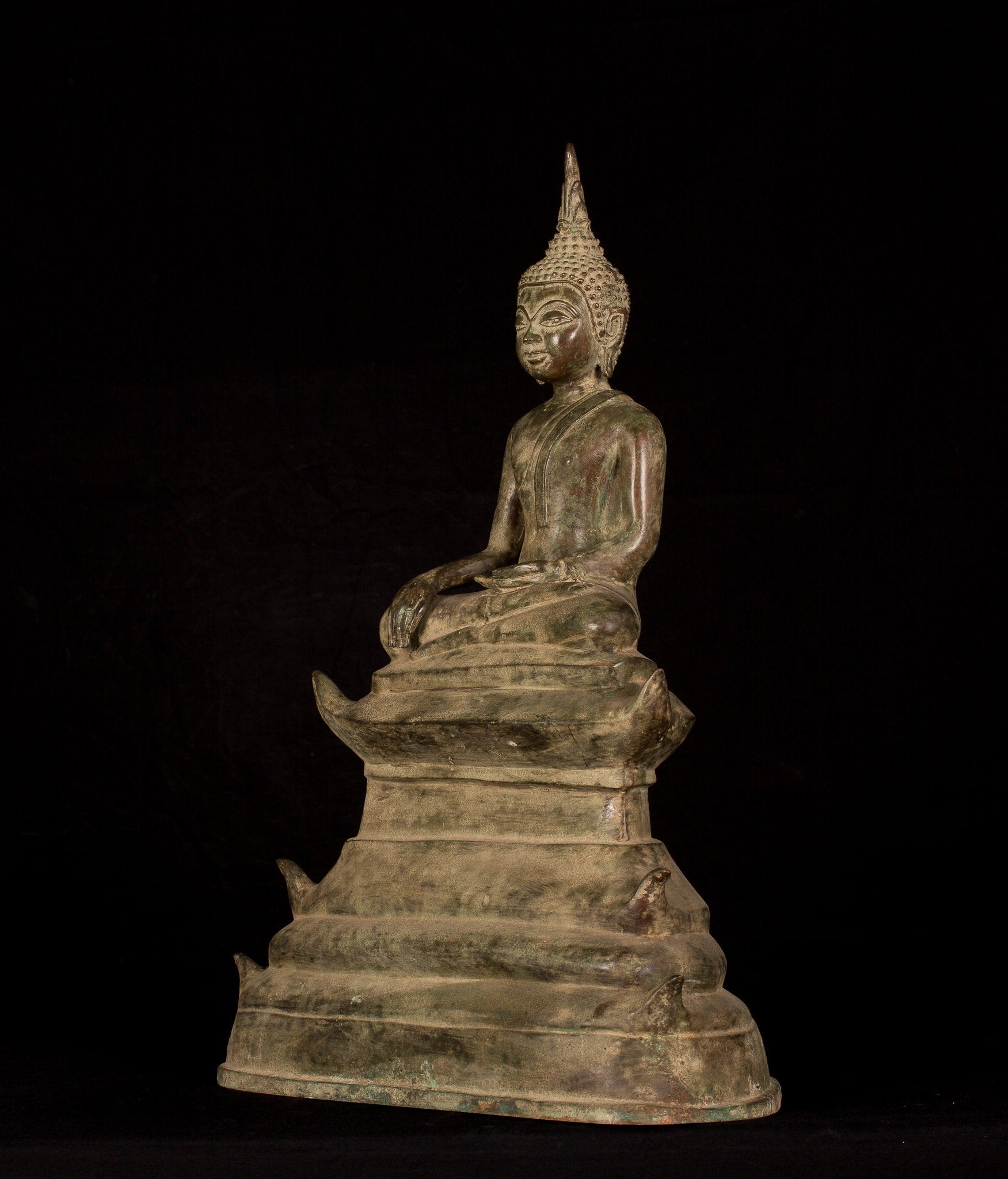 Bouddha-Antique Laos Style Seated Bronze Enlightenment Bouddha Statue-53cm/21 "
