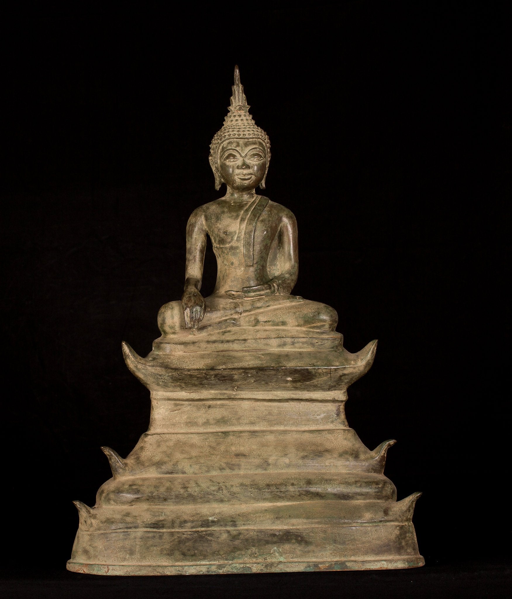 Bouddha-Antique Laos Style Seated Bronze Enlightenment Bouddha Statue-53cm/21 "