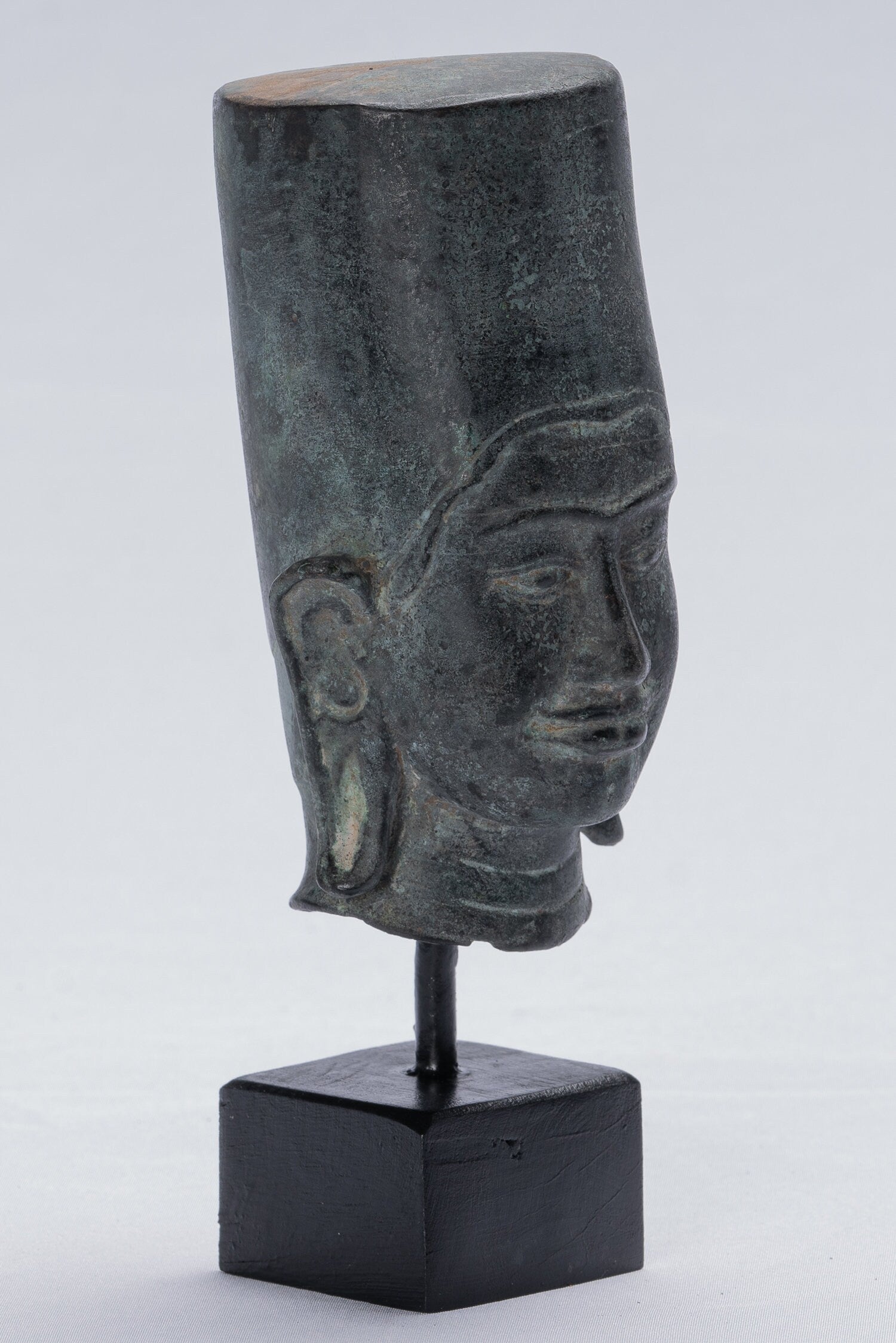 Vishnu Statue - Antique Phnom Da Style Mounted Bronze Khmer Vishnu Head - 19cm/8"