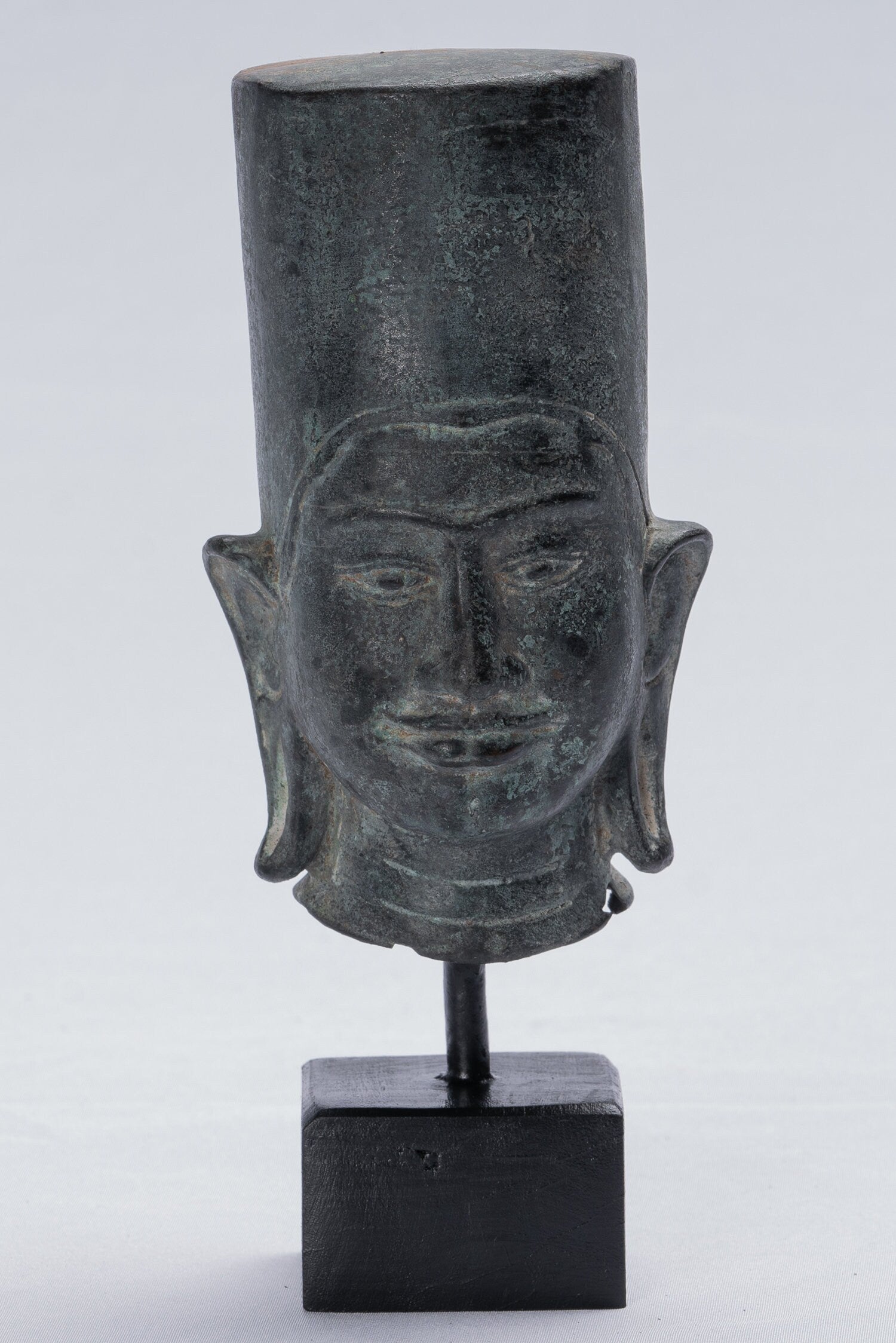 Vishnu Statue - Antique Phnom Da Style Mounted Bronze Khmer Vishnu Head - 19cm/8"