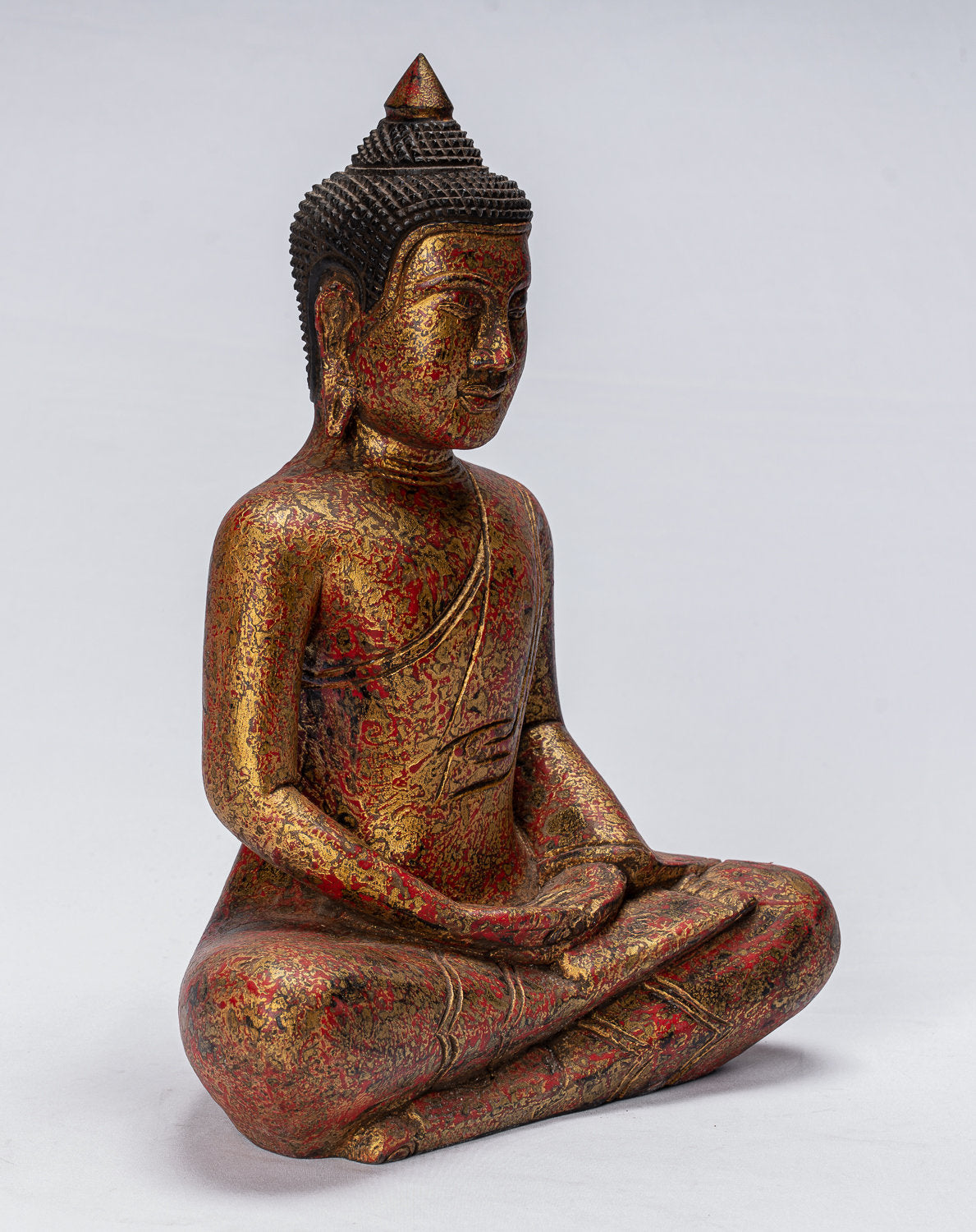 Buddha-Skulptur – sitzende Buddha-Statue aus Holz im antiken Khmer-Stil, Dhyana-Meditations-Mudra – 38 cm
