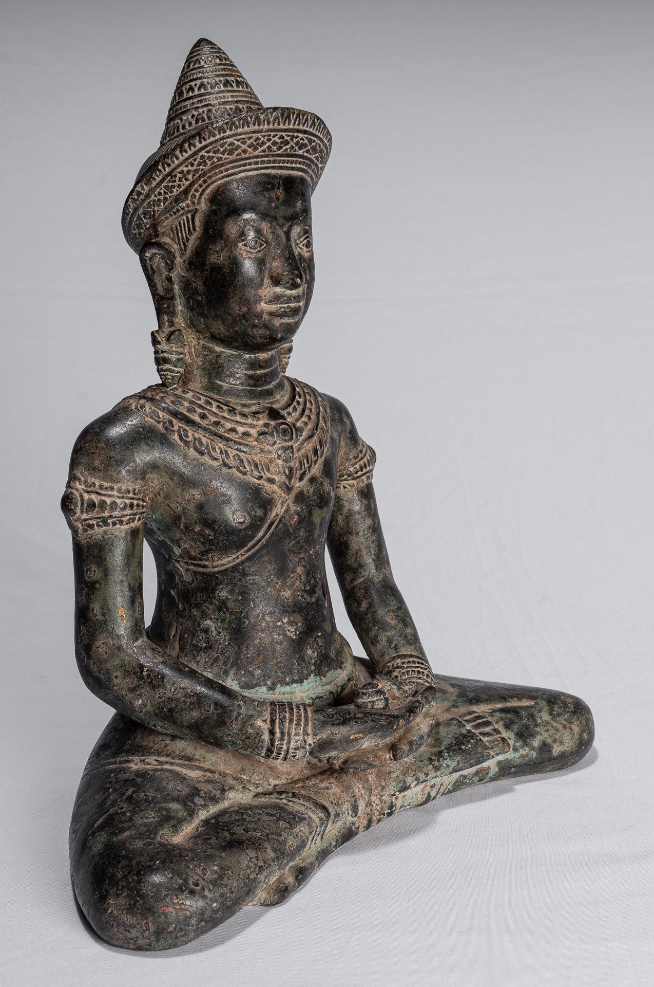 Buddha Statue - Antique Khmer Style Bronze Seated Amitbha Meditation Buddha Statue - 34cm/14"
