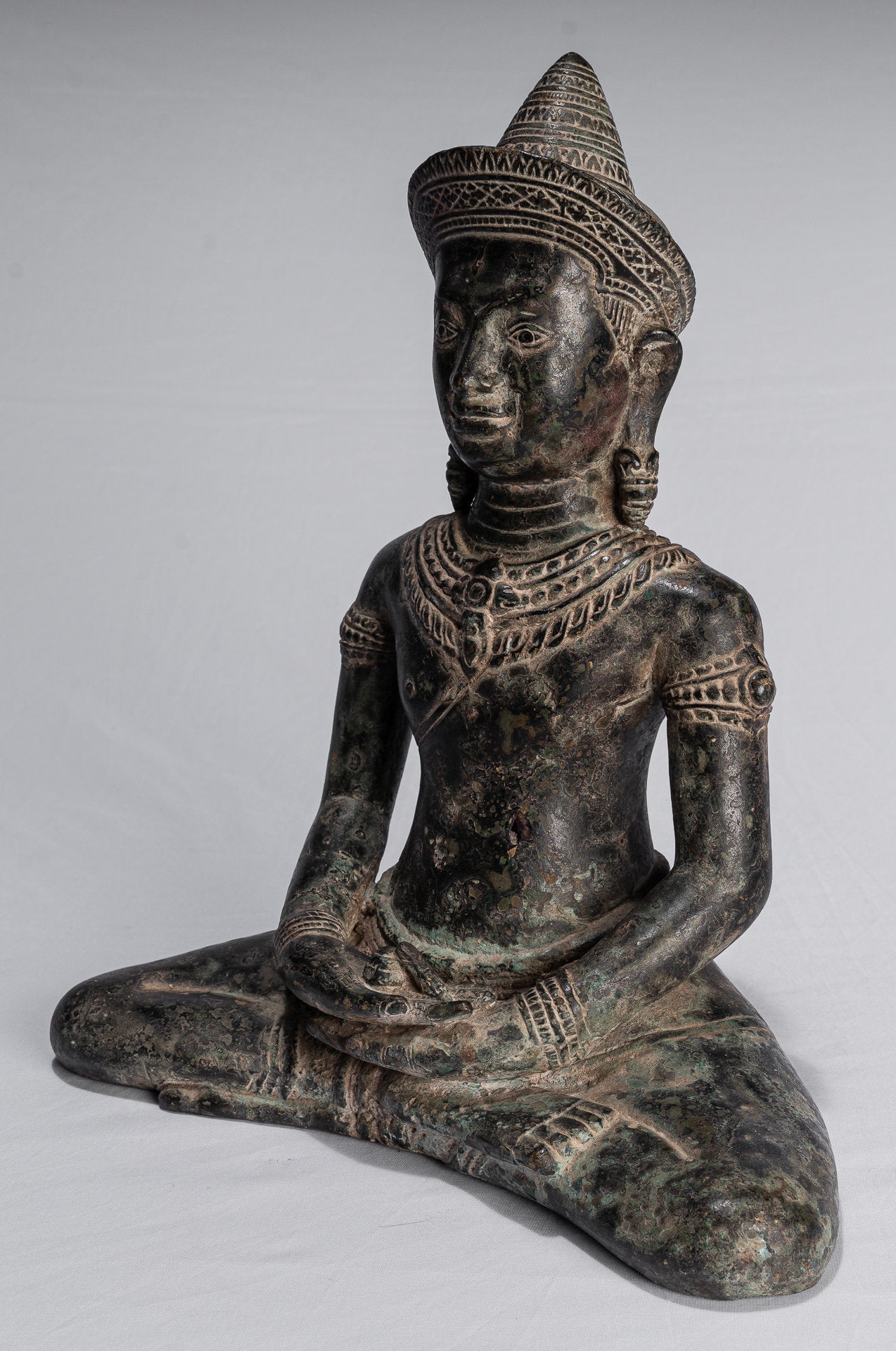 Buddha Statue - Antique Khmer Style Bronze Seated Amitbha Meditation Buddha Statue - 34cm/14"