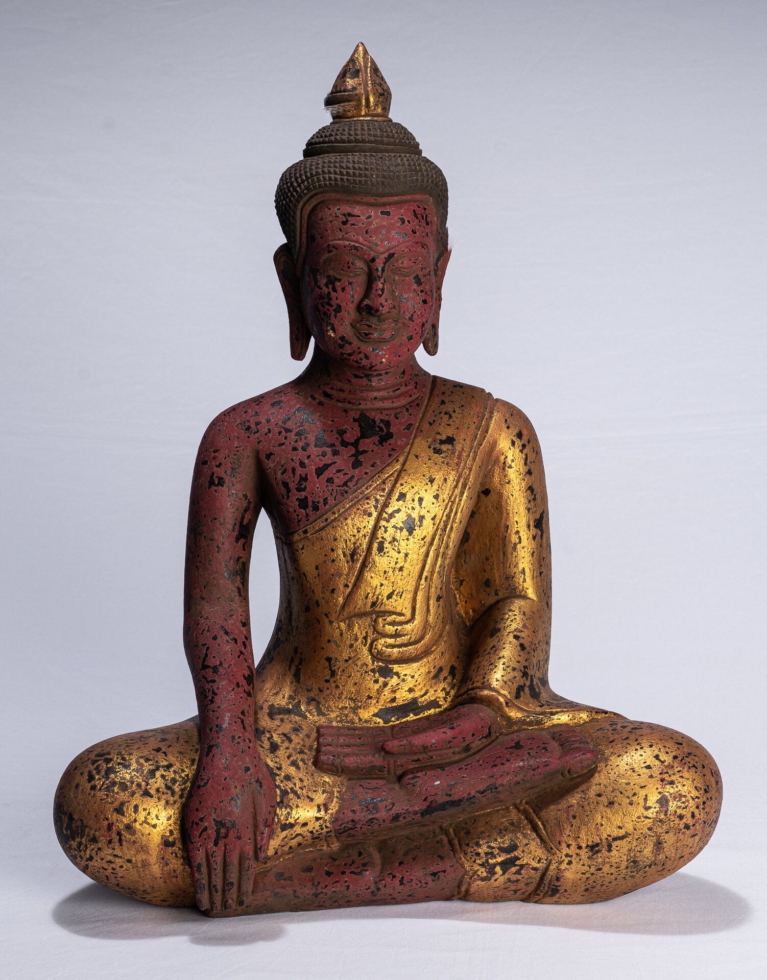 Buddha-Statue - Antiker Khmer-Stil Südostasien, sitzende Erleuchtungs-Buddha-Statue aus Holz - 52 cm