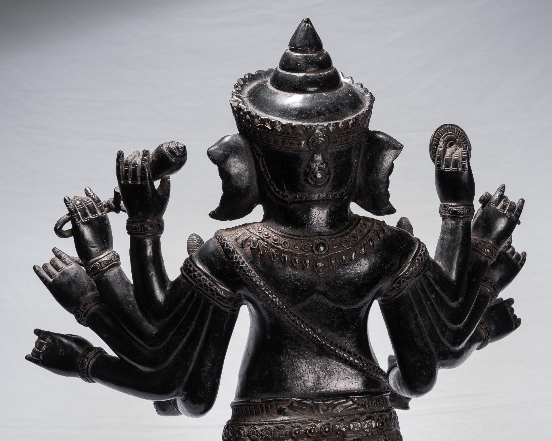 Ganesha Statue - Antique Khmer Style Standing Bronze Bayon Ganesha Statue and Yoni - 84cm/34"