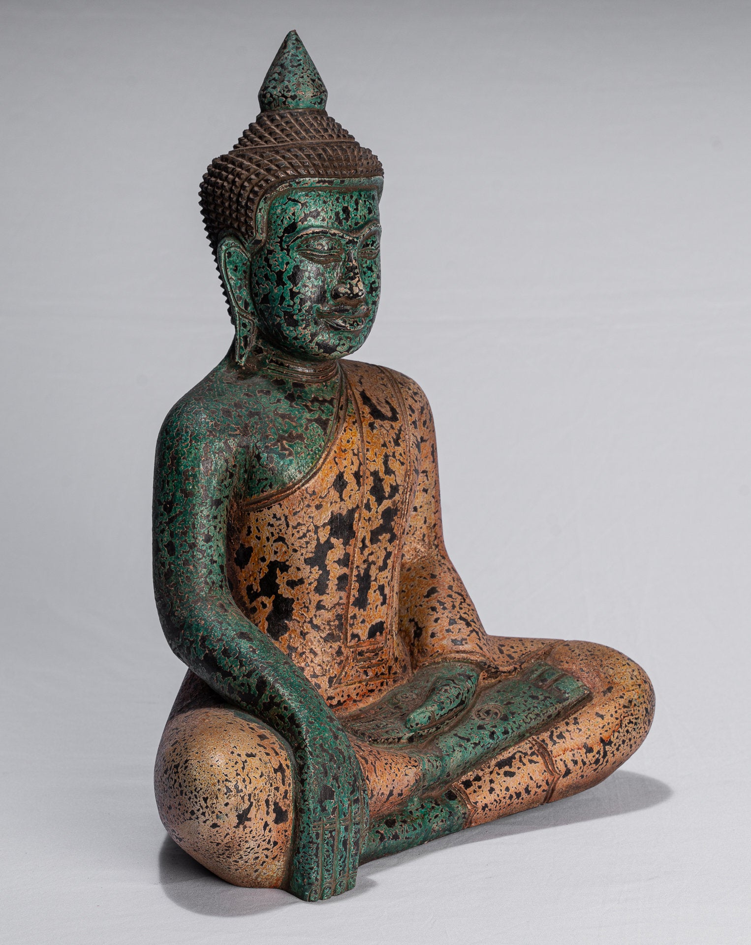 Bouddha Statue-Antique Khmer Style SE Asia Seated Wood Enlightenment Buddha Statue-39cm/16 "
