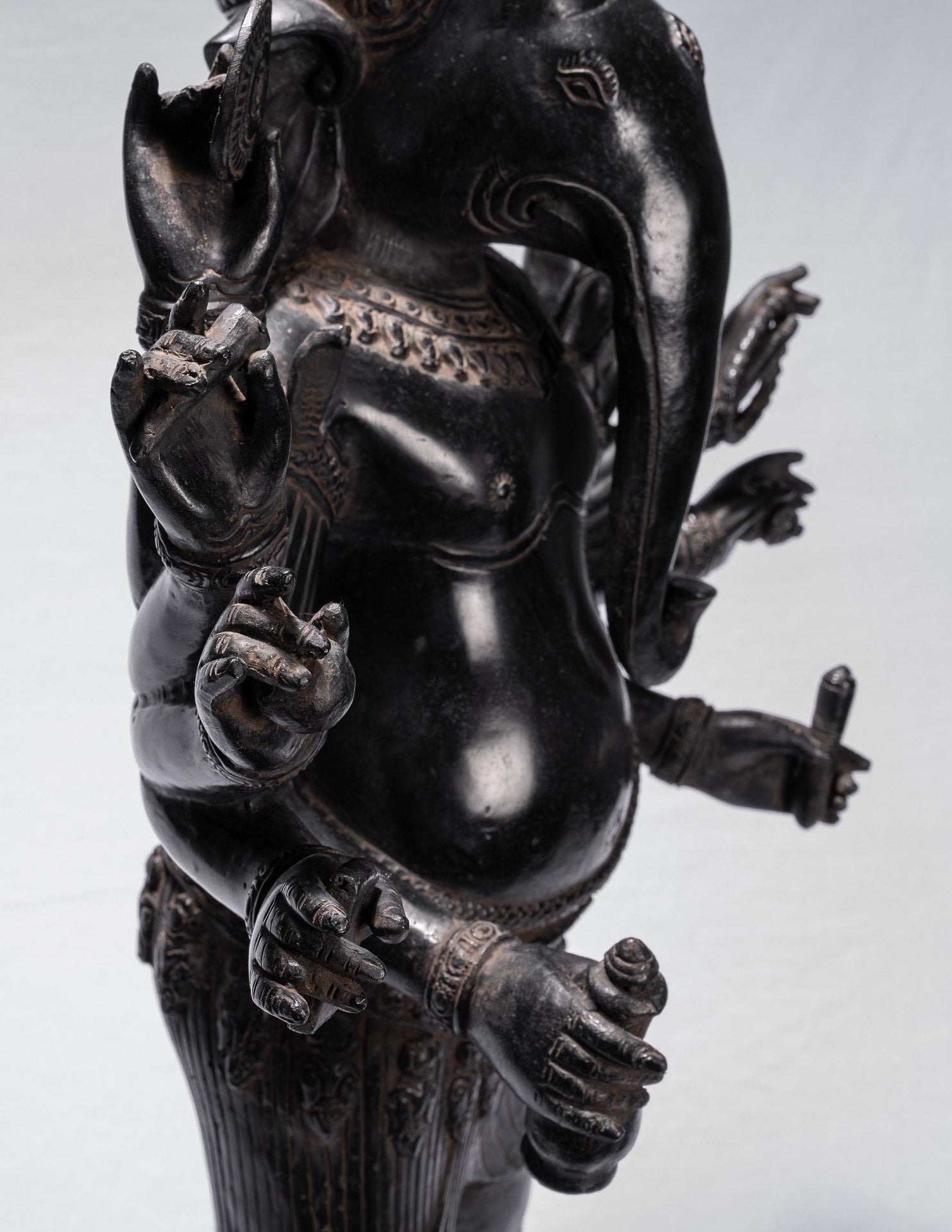 Ganesha Statue - Antique Khmer Style Standing Bronze Bayon Ganesha Statue and Yoni - 84cm/34"
