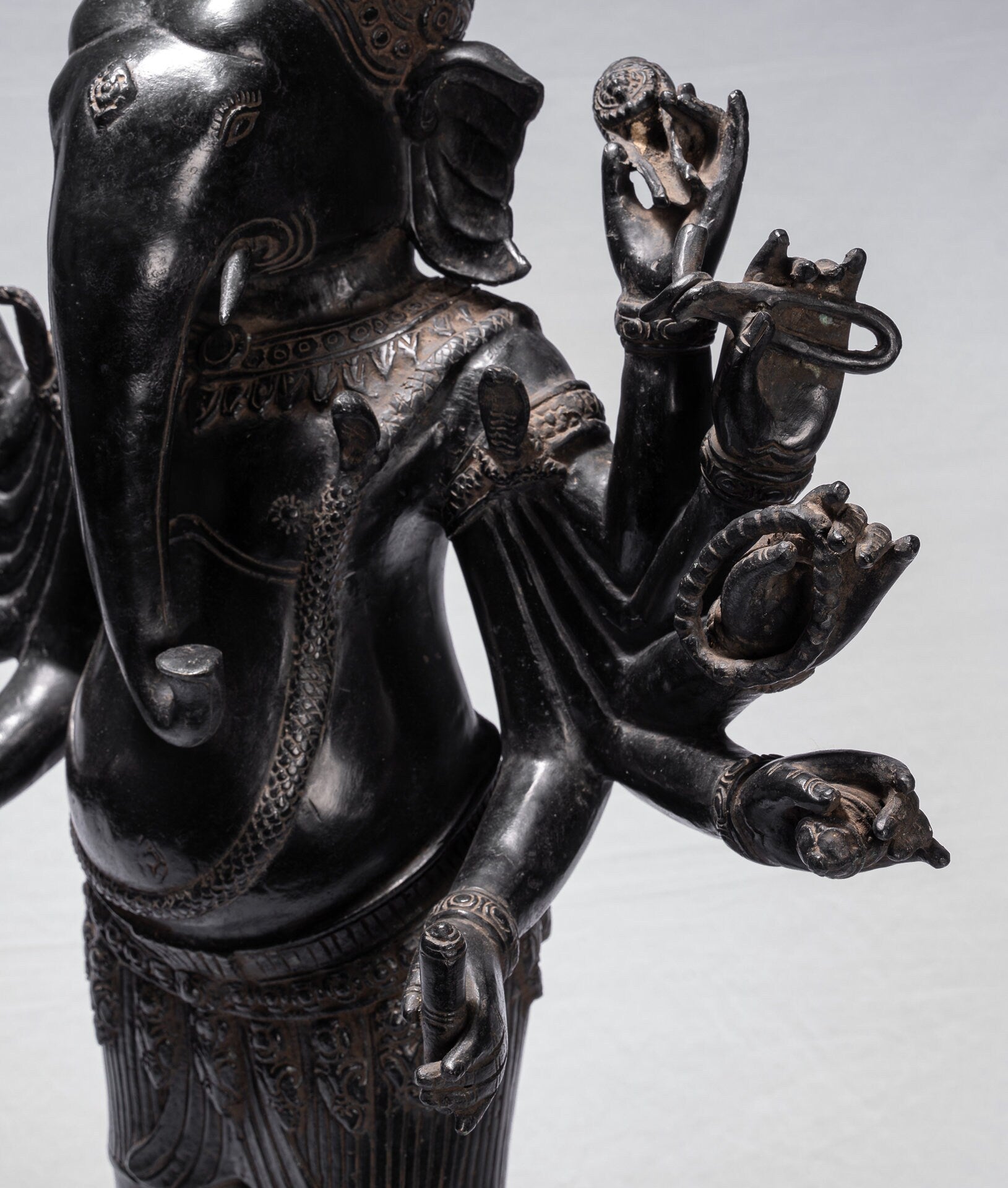 Ganesha Statue - Antique Khmer Style Standing Bronze Bayon Ganesha Statue and Yoni - 84cm/34"