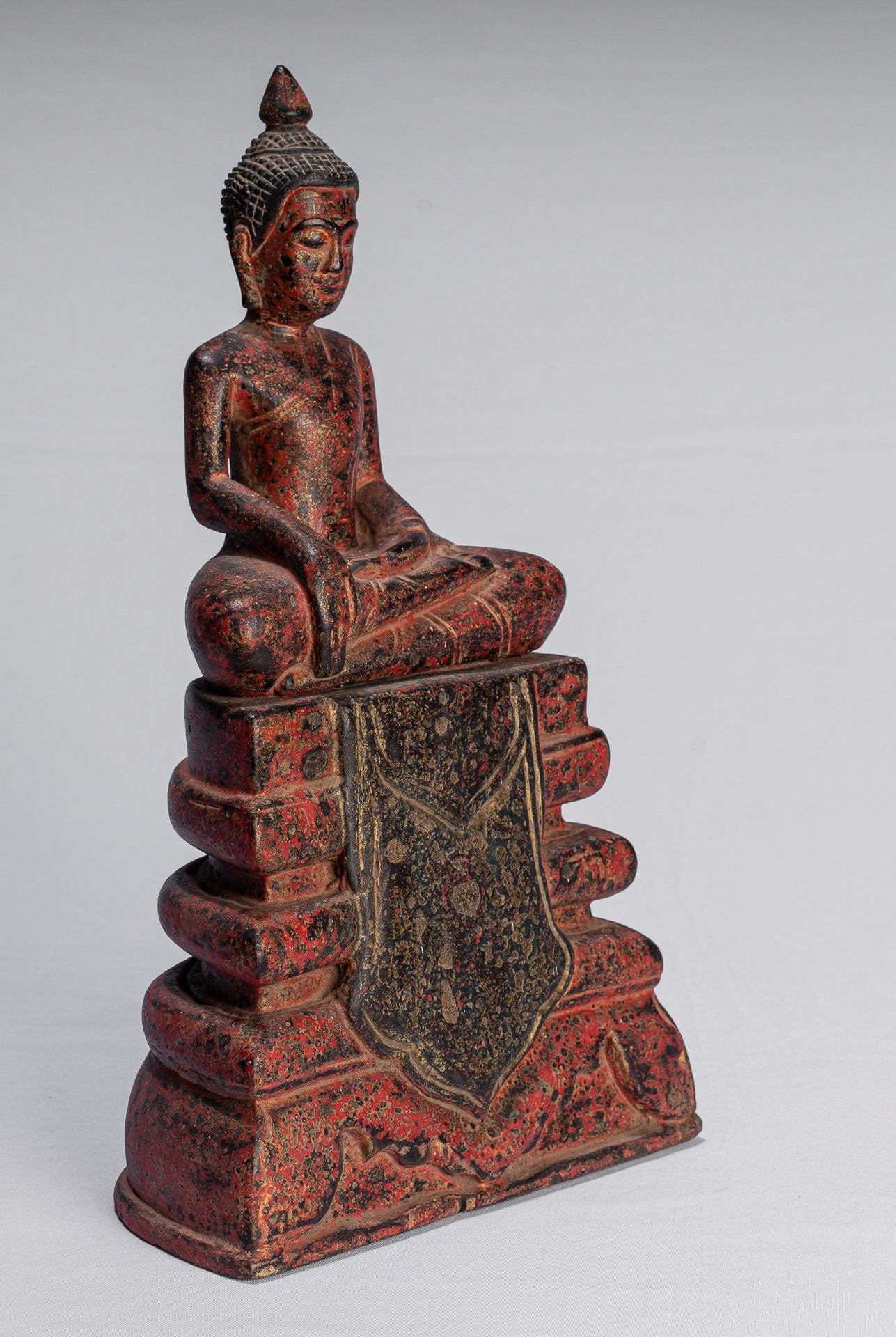 Bouddha-Antique Khmer Style SE Asia Wood Enlightenment Buddha Statue-35cm/14 "