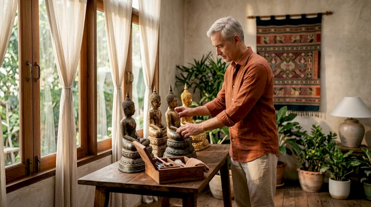 Coleccionista arreglando estatuas de Buda tailandés en el estudio de casa