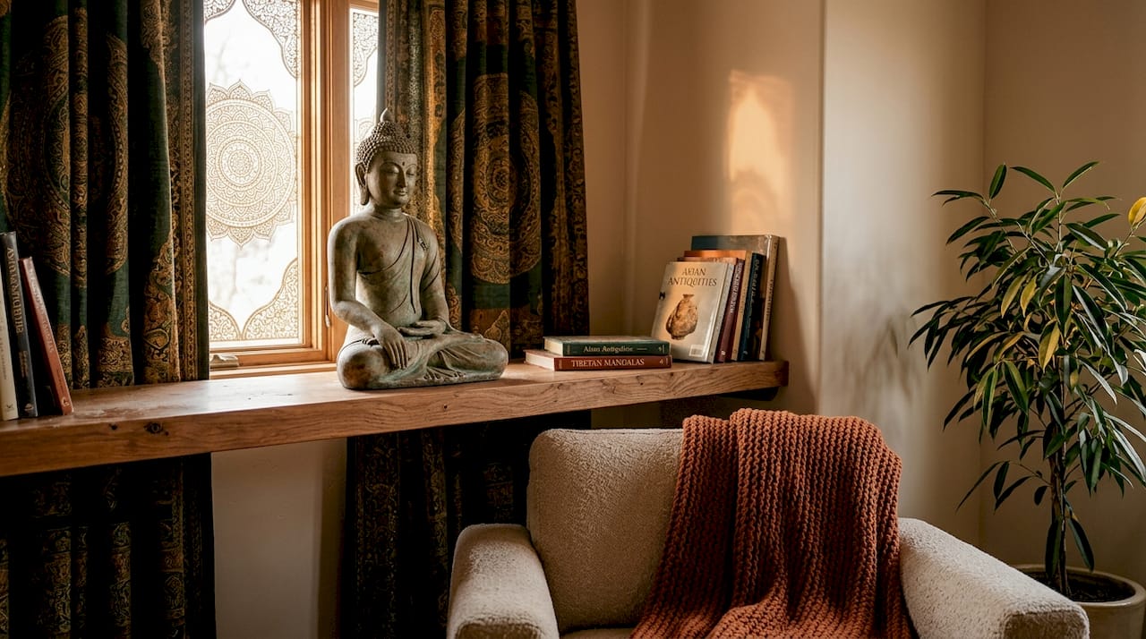 Buddha statue placed on shelf in living room