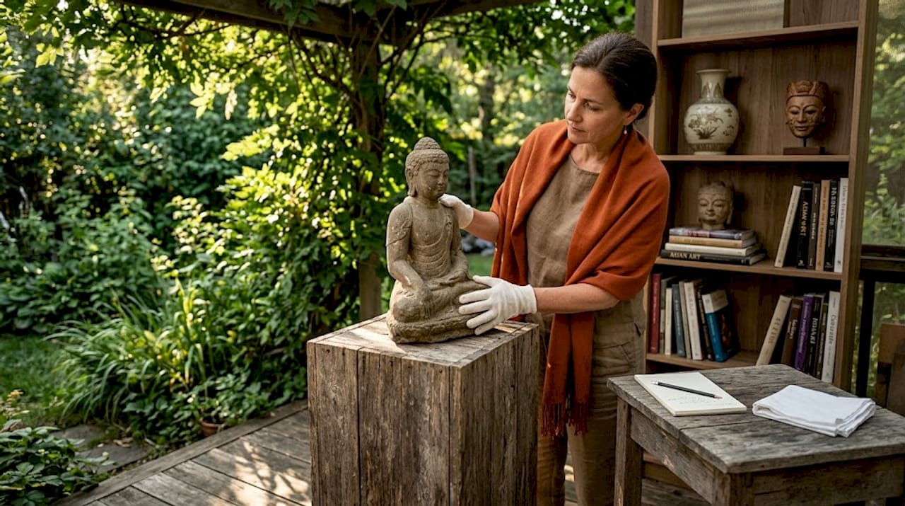 Frau lagert antike buddhistische Steinskulptur zu Hause