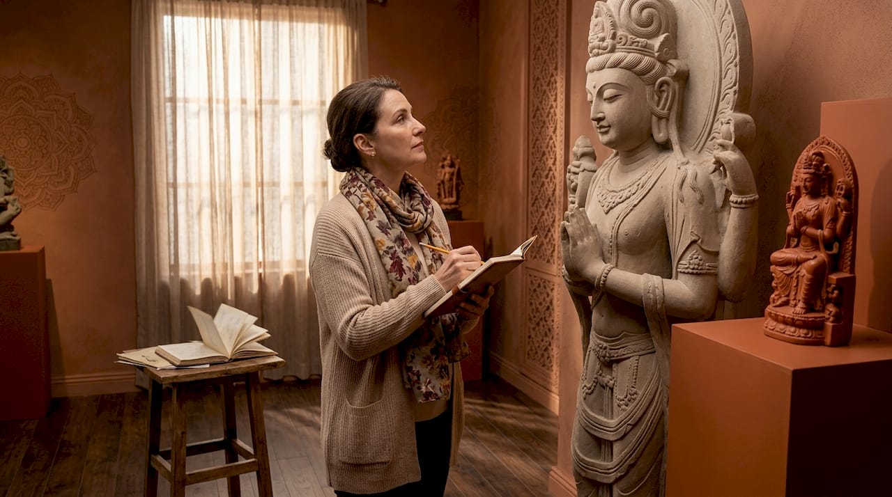 Kunsthistoriker studiert Avalokiteshvara-Skulptur im Museum